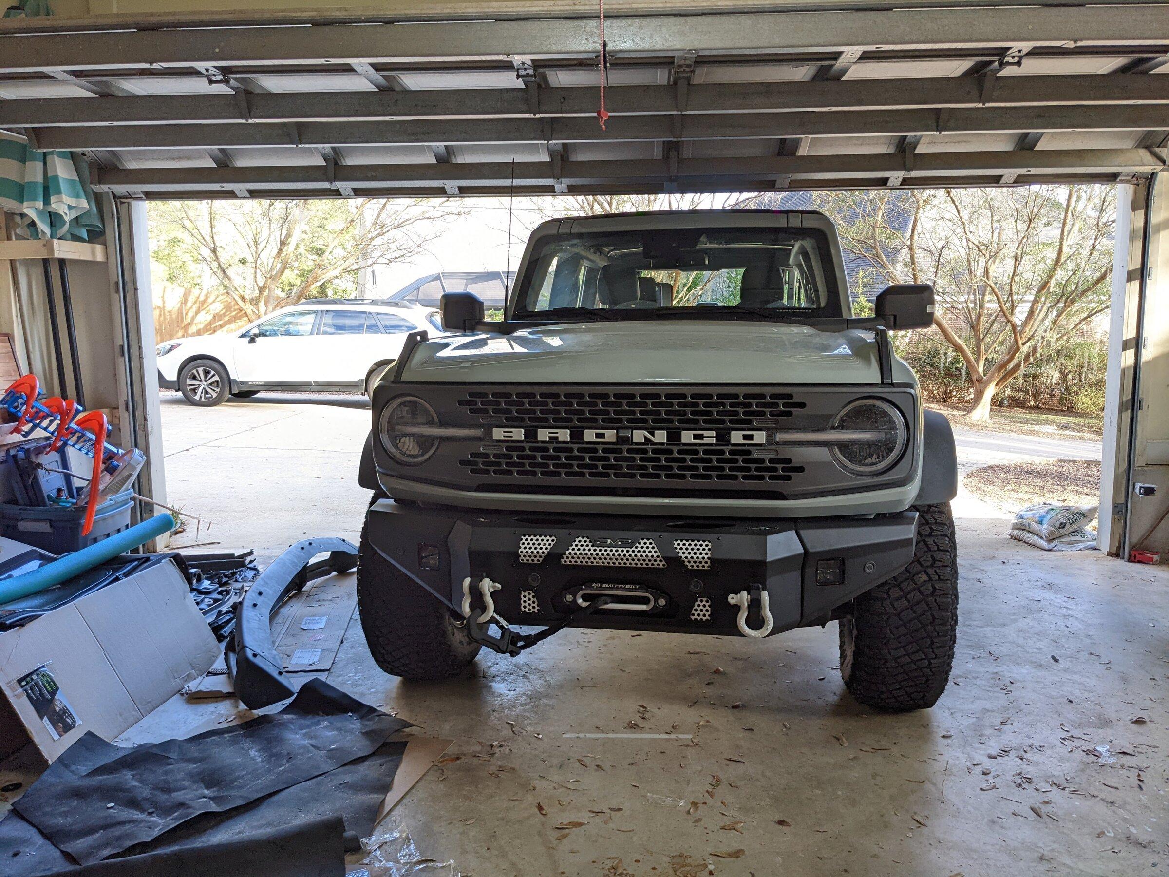 Ford Bronco DV8 MTO Front Bumper Installation, ACC Relocation, Parking Sensor Transfer, and Winch Mounting PXL_20220223_222151657