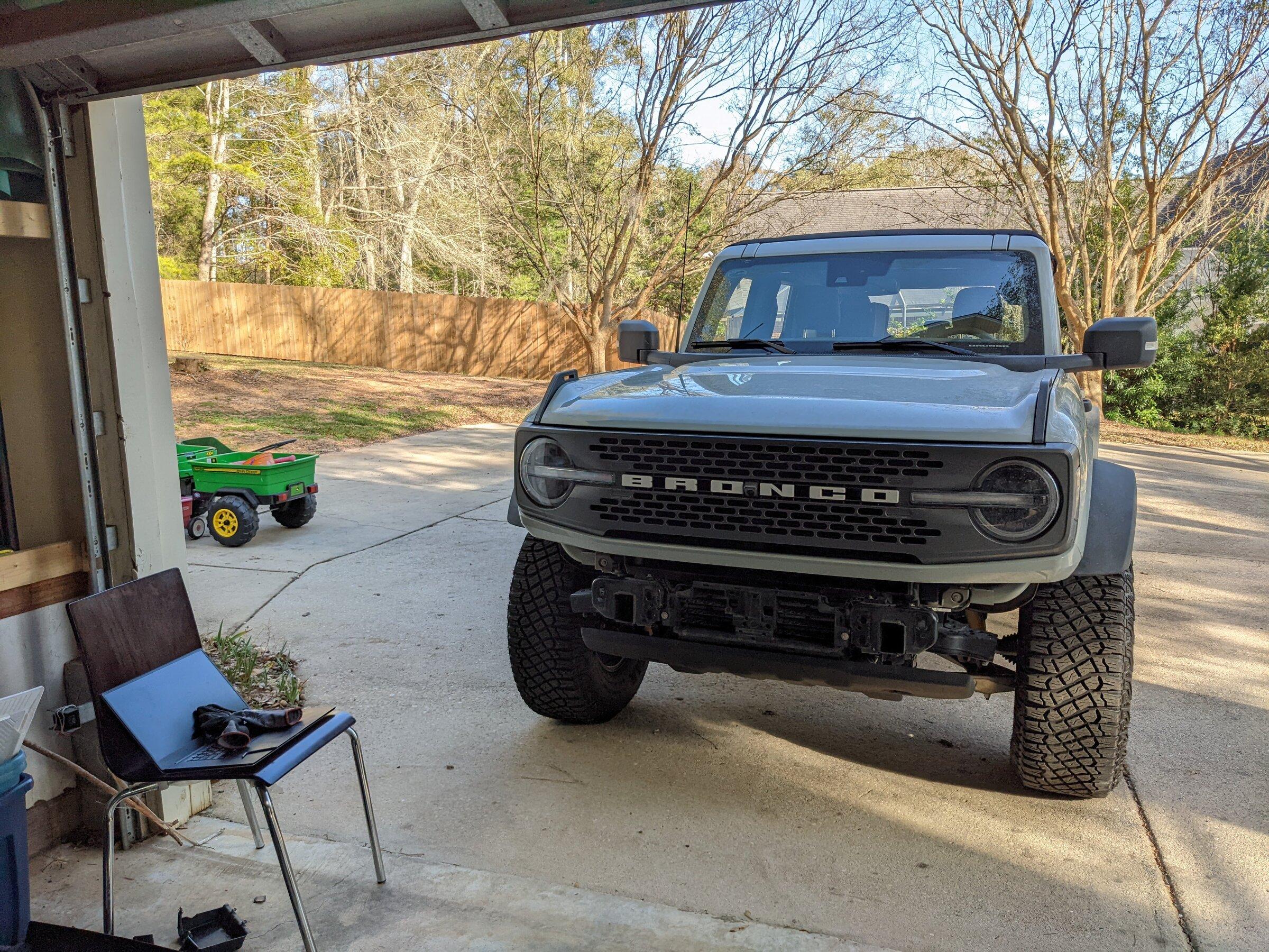 Ford Bronco DV8 MTO Front Bumper Installation, ACC Relocation, Parking Sensor Transfer, and Winch Mounting PXL_20220222_212452565