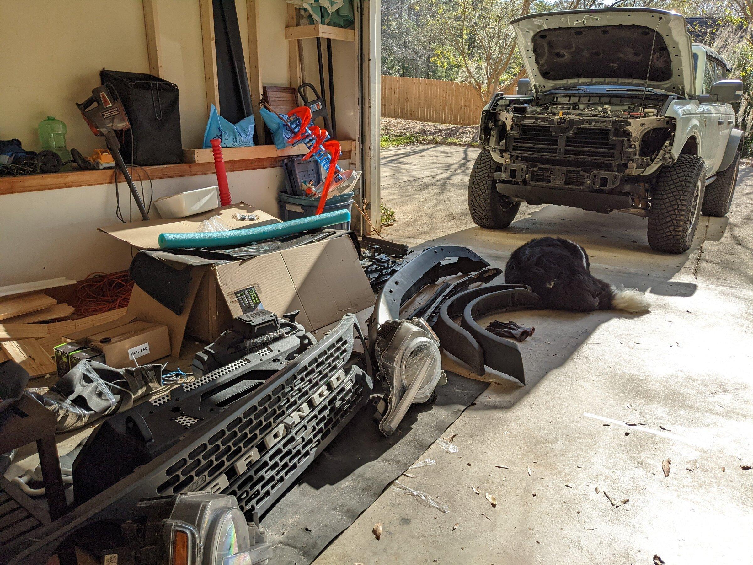 Ford Bronco DV8 MTO Front Bumper Installation, ACC Relocation, Parking Sensor Transfer, and Winch Mounting PXL_20220222_143756363