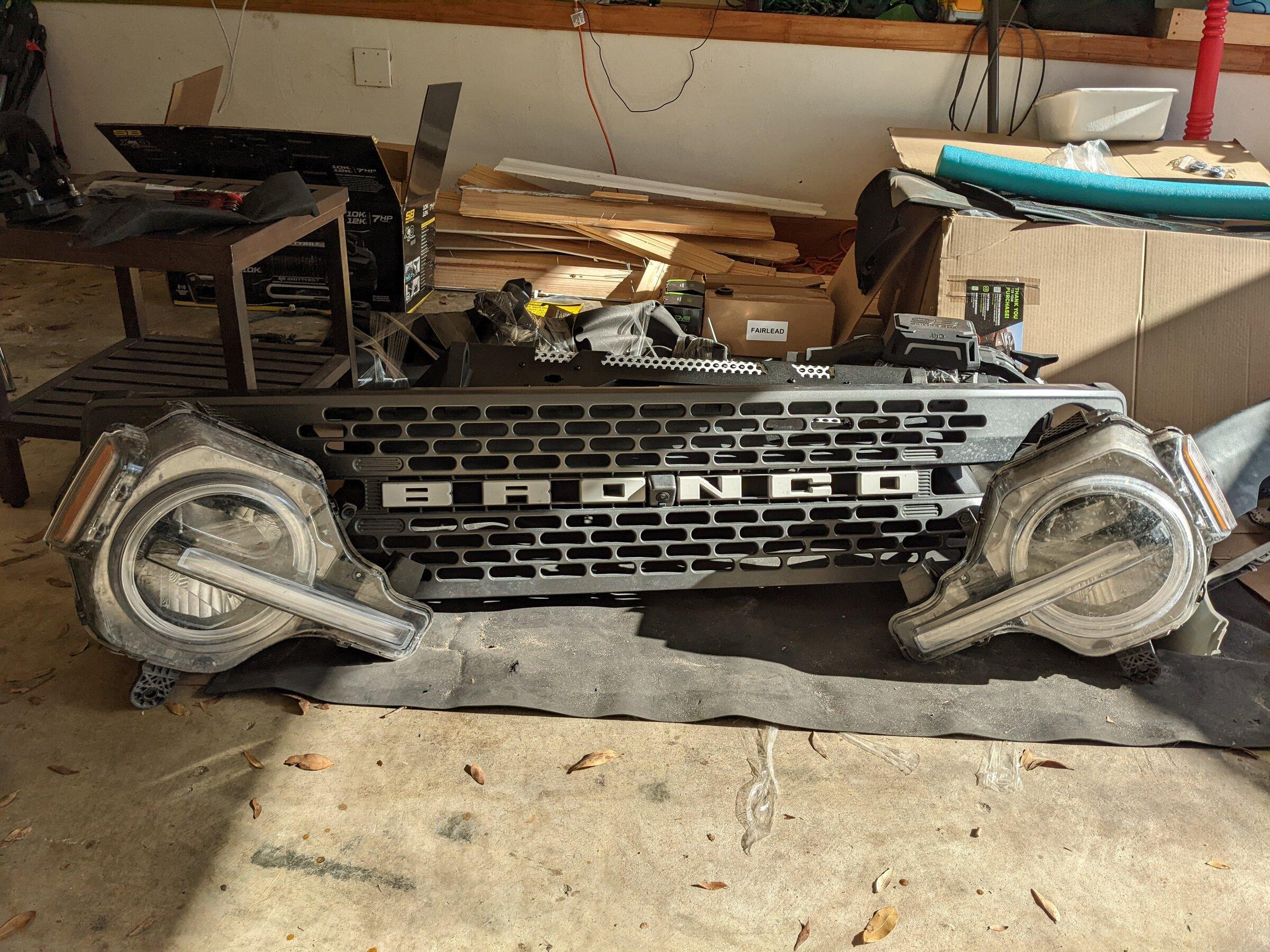 Ford Bronco DV8 MTO Front Bumper Installation, ACC Relocation, Parking Sensor Transfer, and Winch Mounting PXL_20220222_143747963