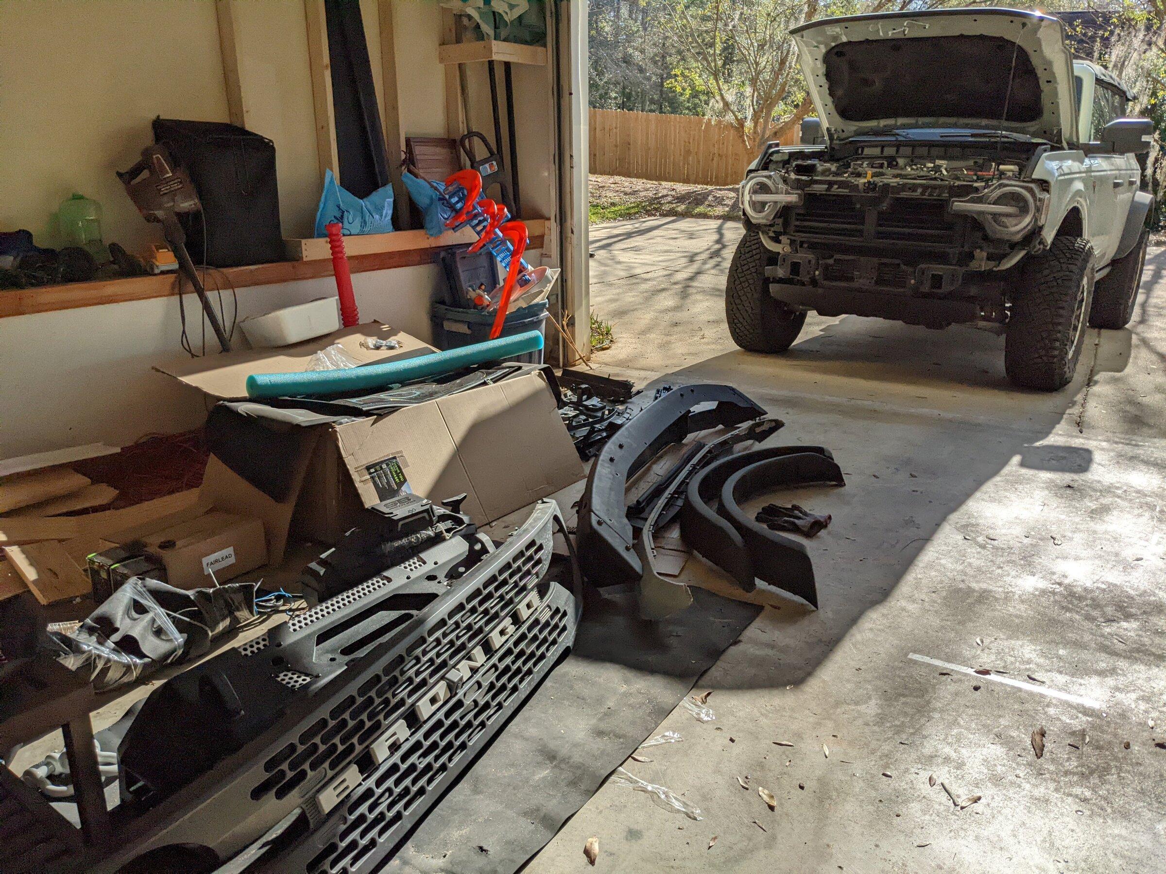 Ford Bronco DV8 MTO Front Bumper Installation, ACC Relocation, Parking Sensor Transfer, and Winch Mounting PXL_20220222_143141440