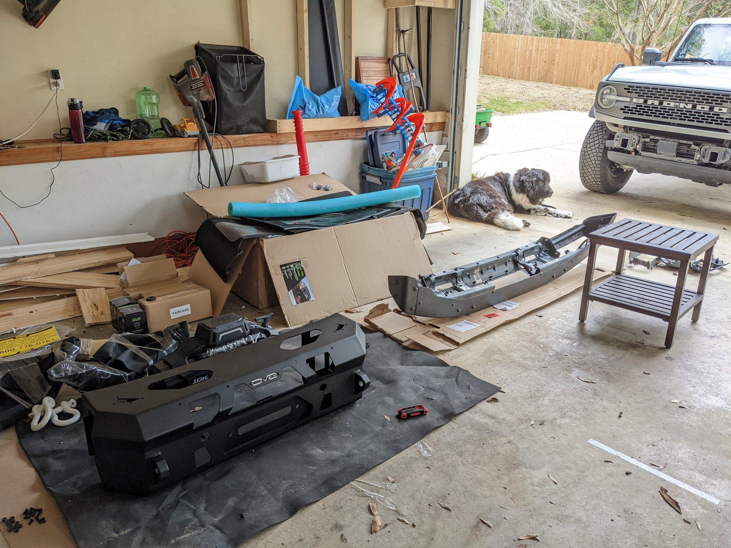 Ford Bronco DV8 MTO Front Bumper Installation, ACC Relocation, Parking Sensor Transfer, and Winch Mounting PXL_20220221_190318525