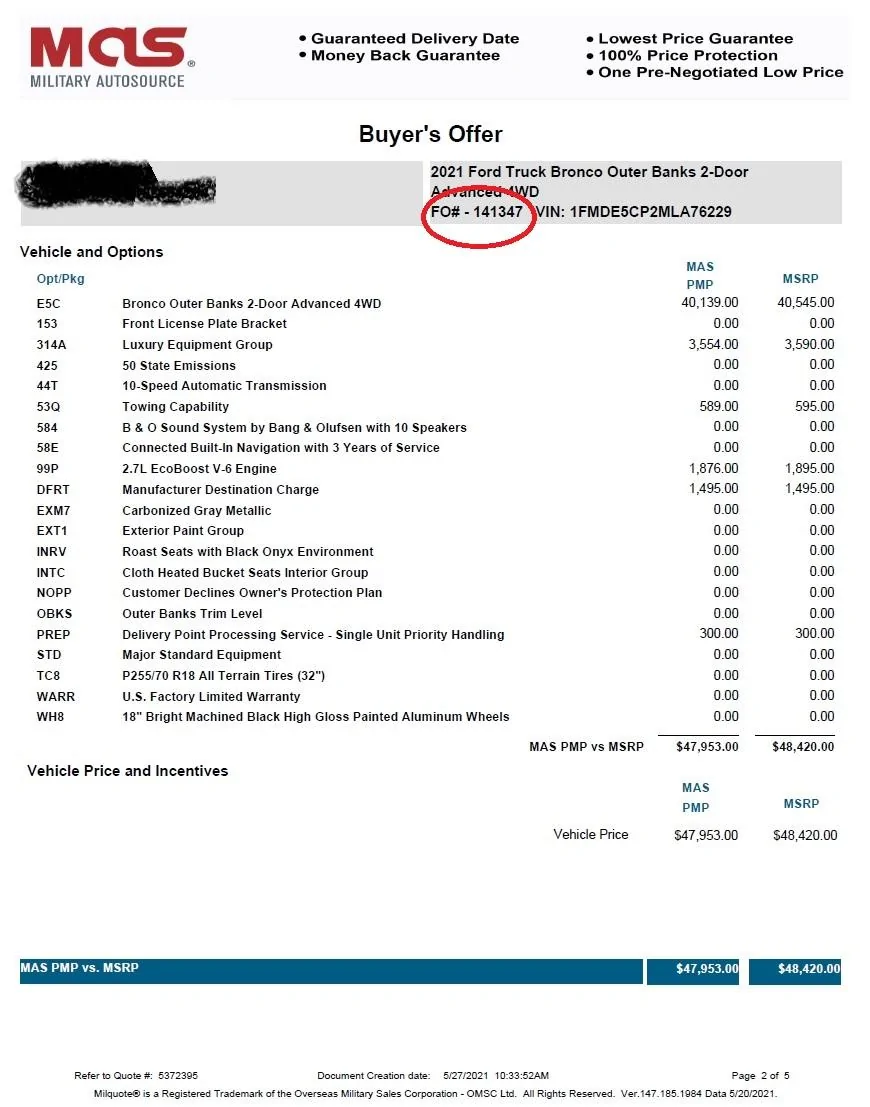 Ford Bronco Do not order through MAS (Military Auto Source) Order Accept