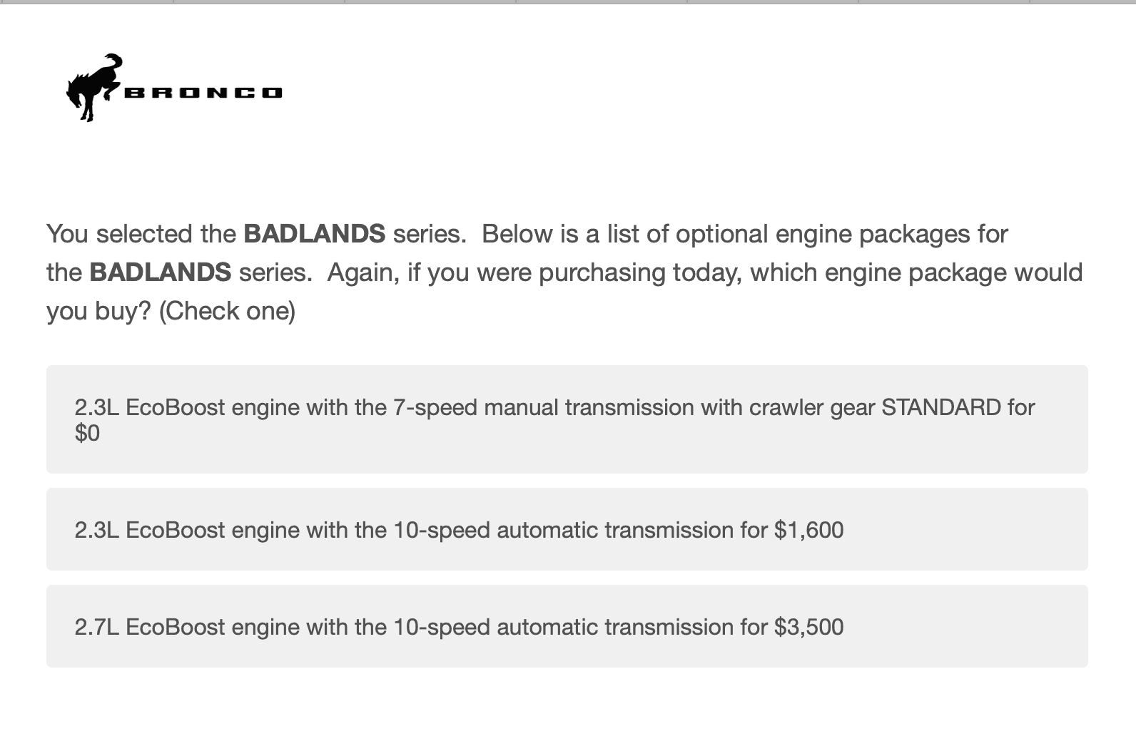Ford Bronco Potential Package (+ Sasquatch) Pricing Previewed in Bronco Reservation Survey Email Messages Image(1605469413)