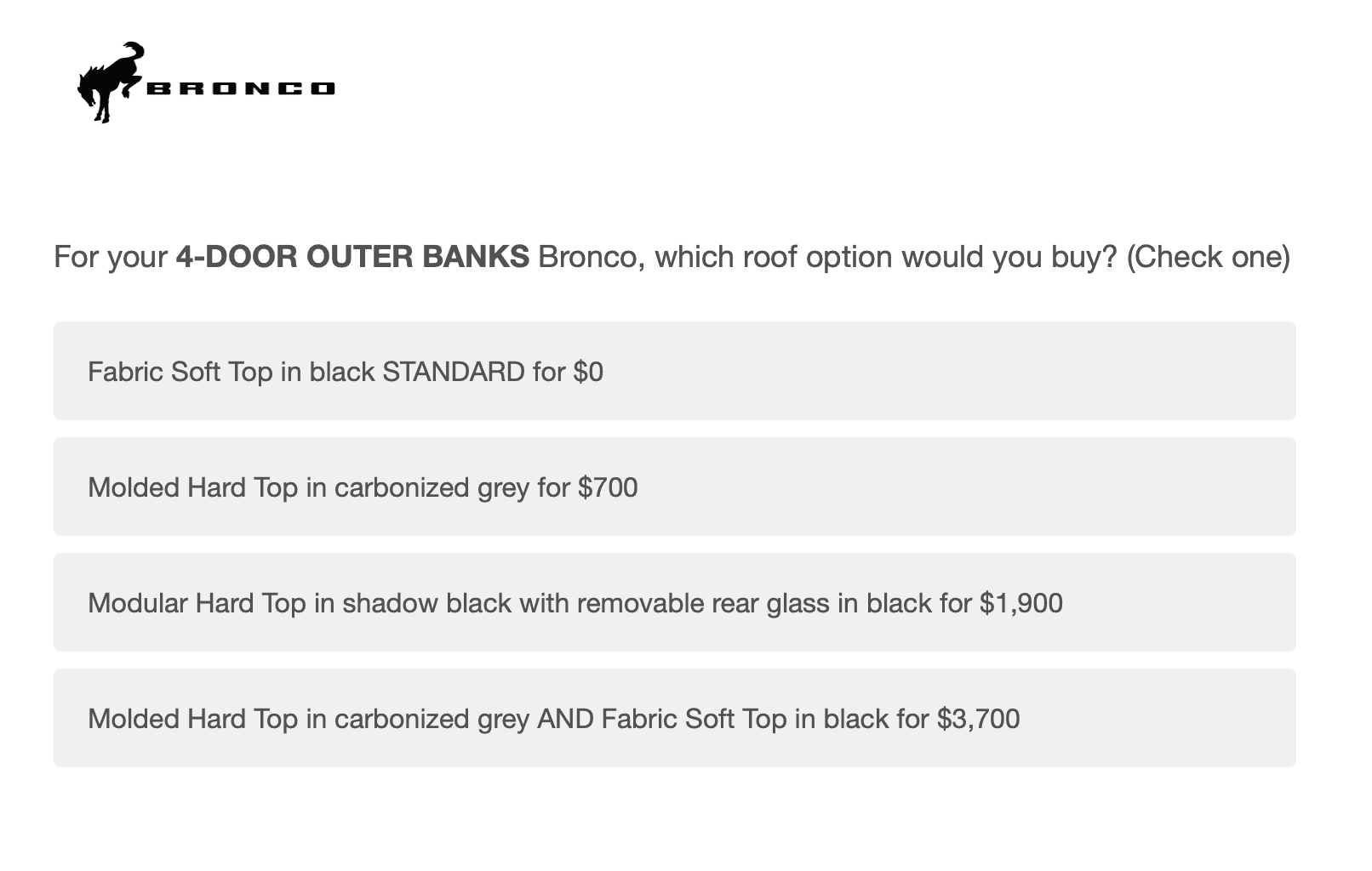 Ford Bronco Potential Package (+ Sasquatch) Pricing Previewed in Bronco Reservation Survey Email 1598382926993