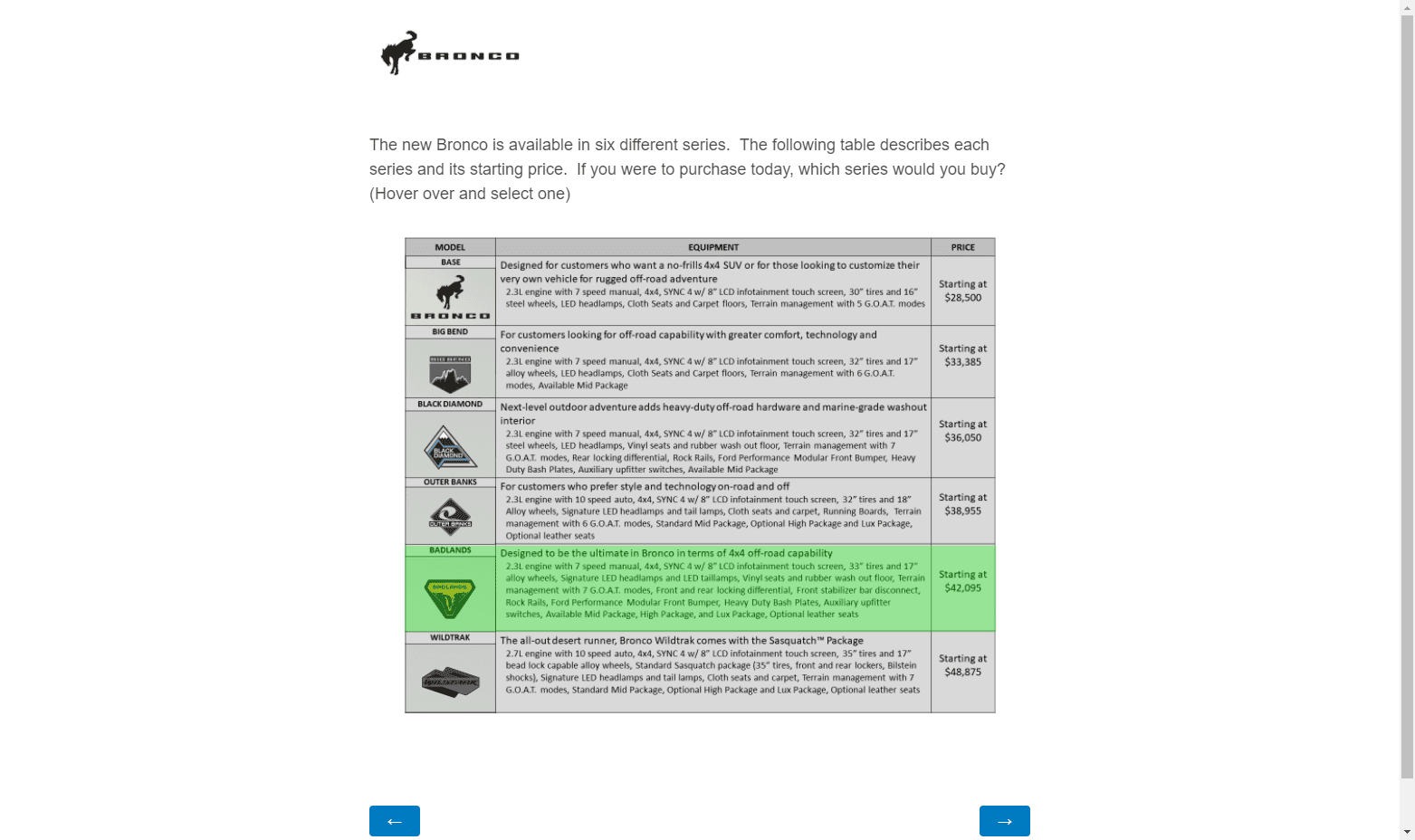 Ford Bronco Potential Package (+ Sasquatch) Pricing Previewed in Bronco Reservation Survey Email 1598383348352