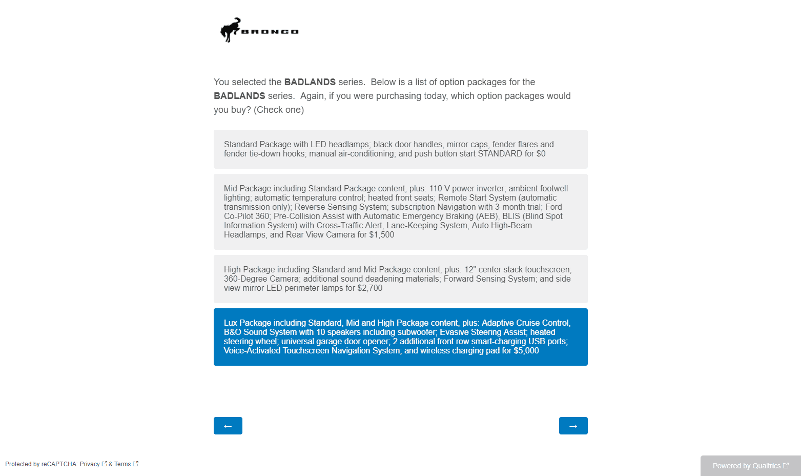 Ford Bronco Potential Package (+ Sasquatch) Pricing Previewed in Bronco Reservation Survey Email 1598383362727