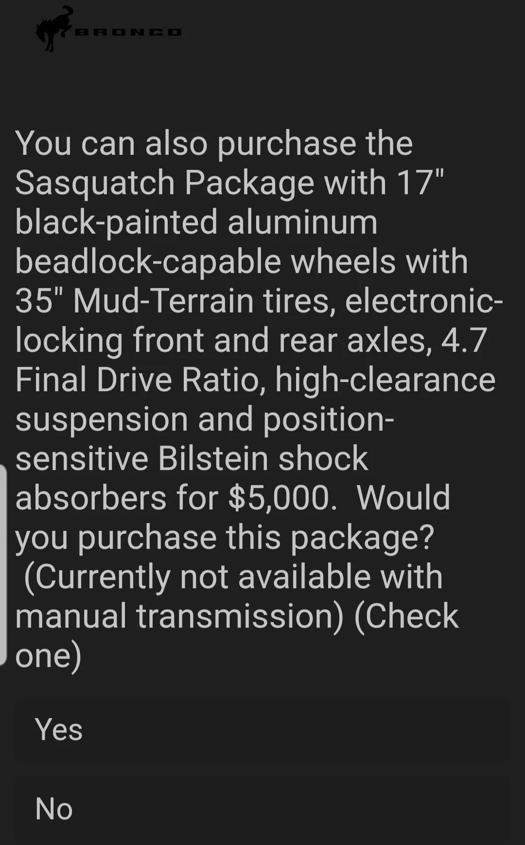 Ford Bronco Potential Package (+ Sasquatch) Pricing Previewed in Bronco Reservation Survey Email 20200825_142150