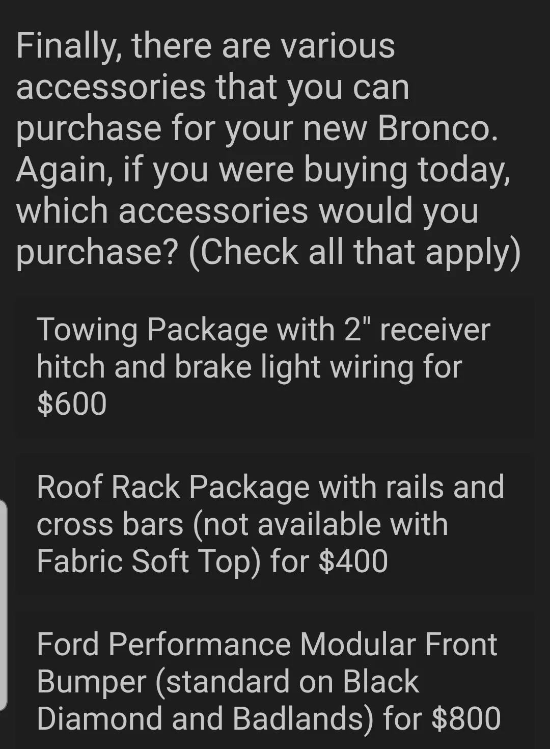 Ford Bronco Potential Package (+ Sasquatch) Pricing Previewed in Bronco Reservation Survey Email 20200825_142229