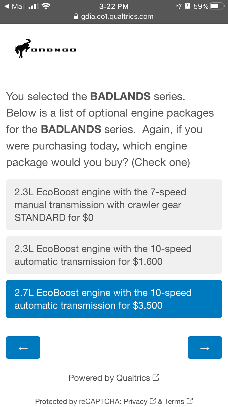 Ford Bronco Potential Package (+ Sasquatch) Pricing Previewed in Bronco Reservation Survey Email 61FCF279-DBE3-46BC-9341-EBBA01120993