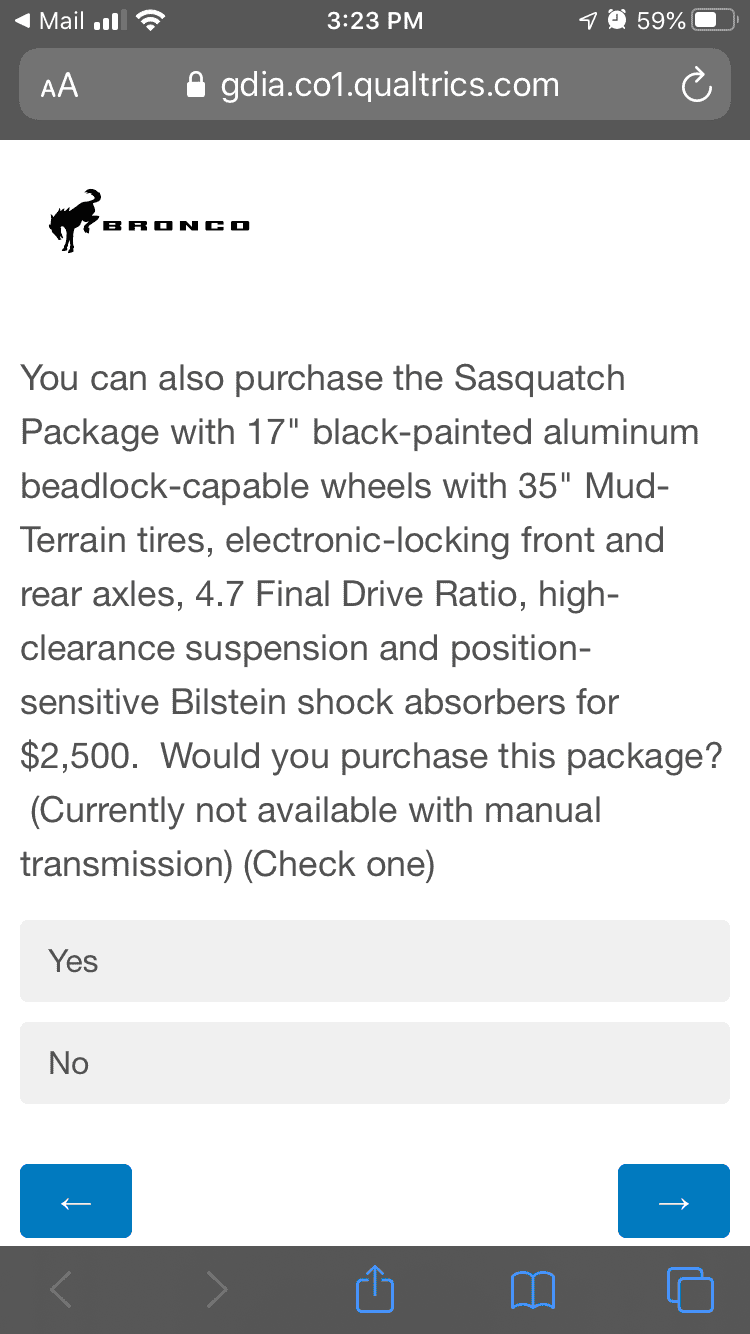 Ford Bronco Potential Package (+ Sasquatch) Pricing Previewed in Bronco Reservation Survey Email A6F9F681-4478-40D9-89CE-1546E067DE47