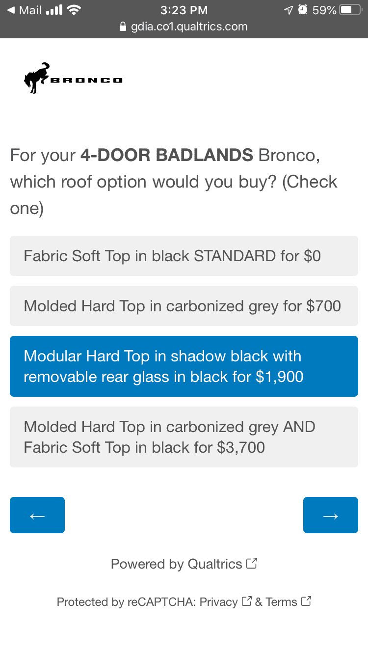 Ford Bronco Potential Package (+ Sasquatch) Pricing Previewed in Bronco Reservation Survey Email 35C7FC7F-56B2-4CF0-882B-8F9B06A0BC0E