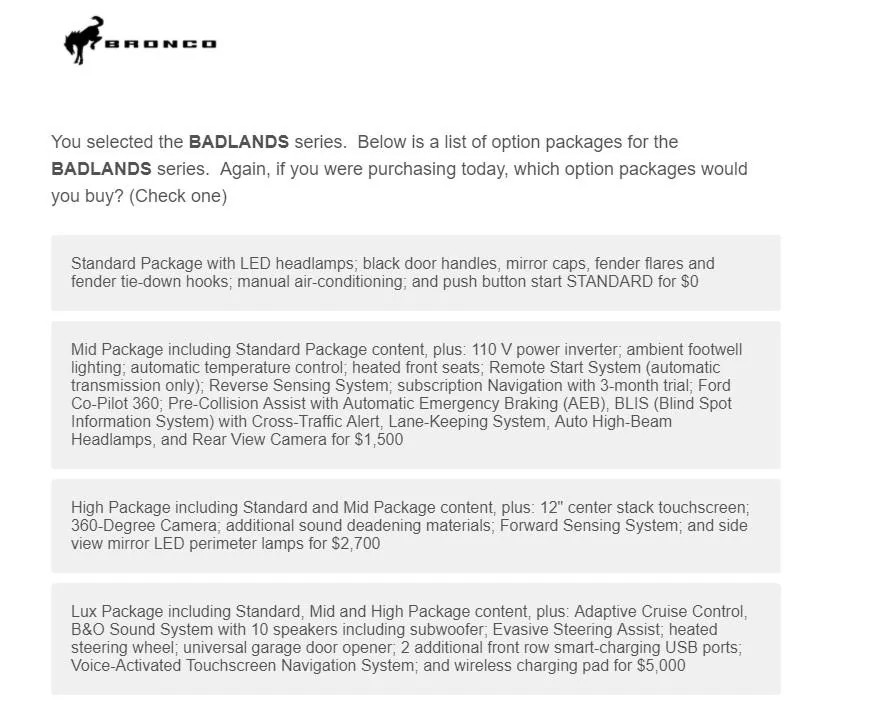 Ford Bronco Potential Package (+ Sasquatch) Pricing Previewed in Bronco Reservation Survey Email BL option cost 2