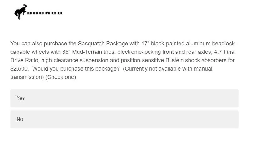 Ford Bronco Potential Package (+ Sasquatch) Pricing Previewed in Bronco Reservation Survey Email BL option cost 3