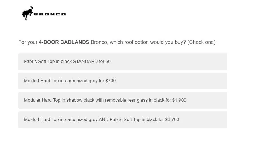 Ford Bronco Potential Package (+ Sasquatch) Pricing Previewed in Bronco Reservation Survey Email BL option cost 4