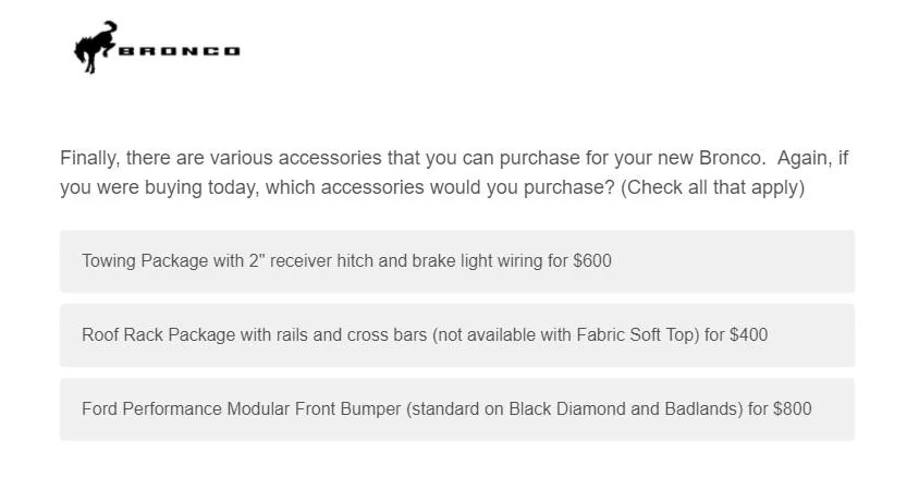 Ford Bronco Potential Package (+ Sasquatch) Pricing Previewed in Bronco Reservation Survey Email BL option cost 5