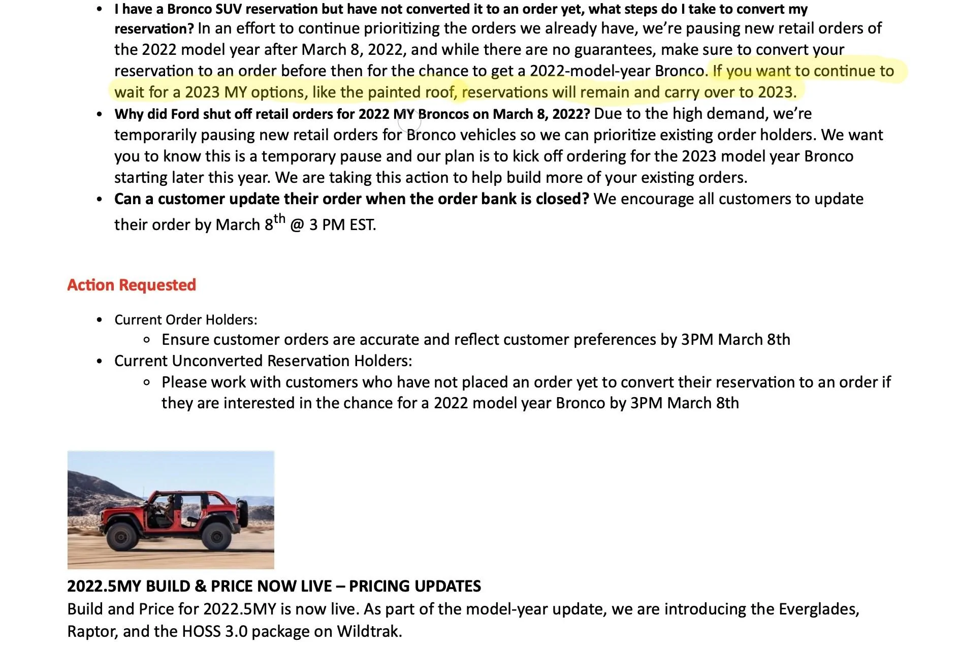 Ford Bronco 2023 Bronco changes / updates / upgrades? bronco dealer memo 3