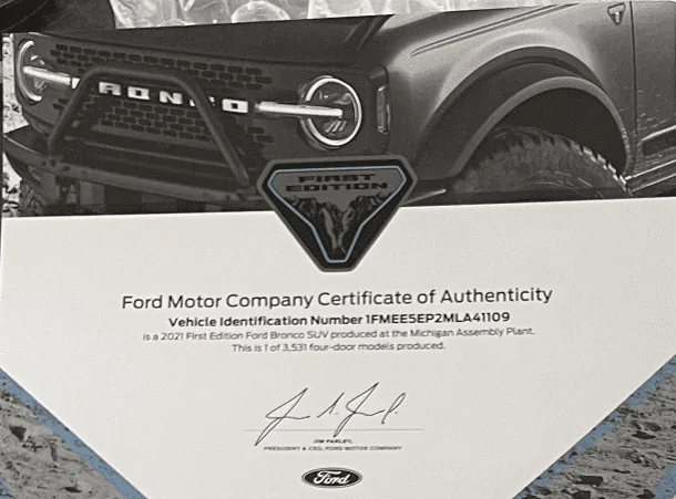 Ford Bronco First Edition Bronco Thread COA