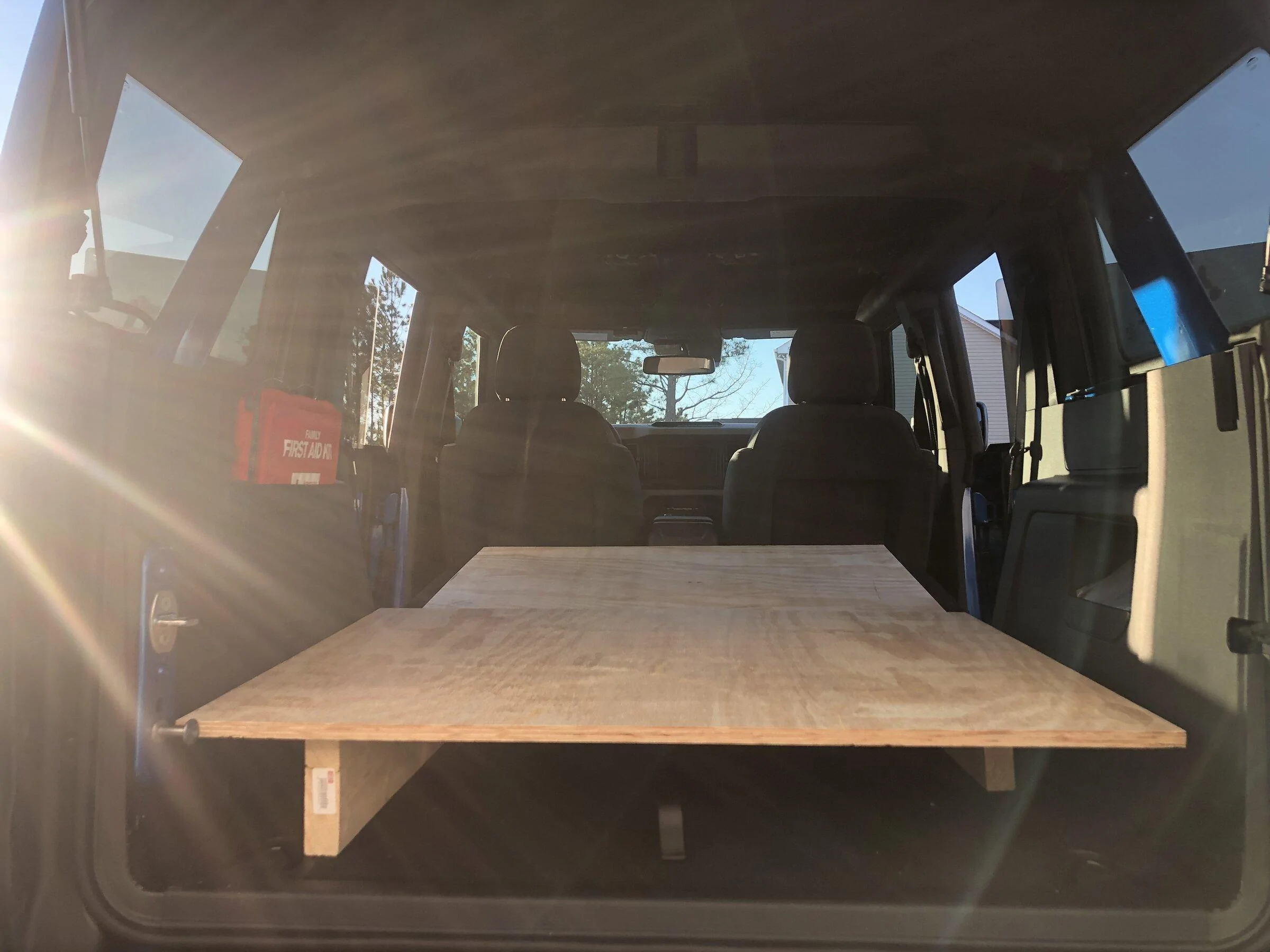 Ford Bronco Interior Platform Custom Build Cut Plywood Fitment. Not leveled