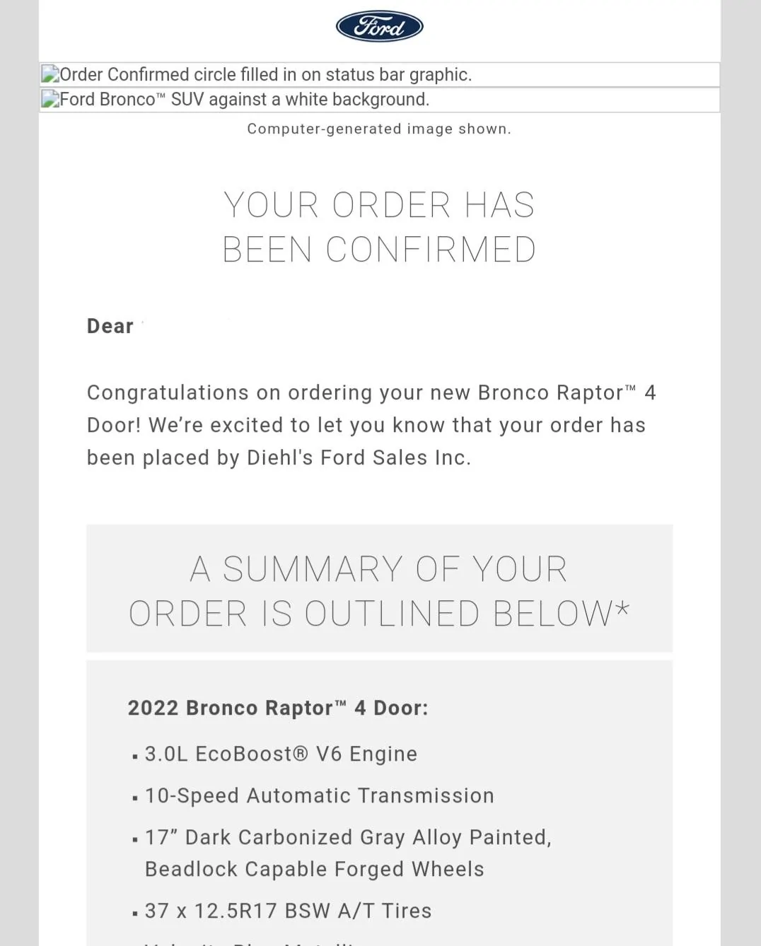 Ford Bronco Got Bronco Raptor Order Confirmation Email! 20220315_100927