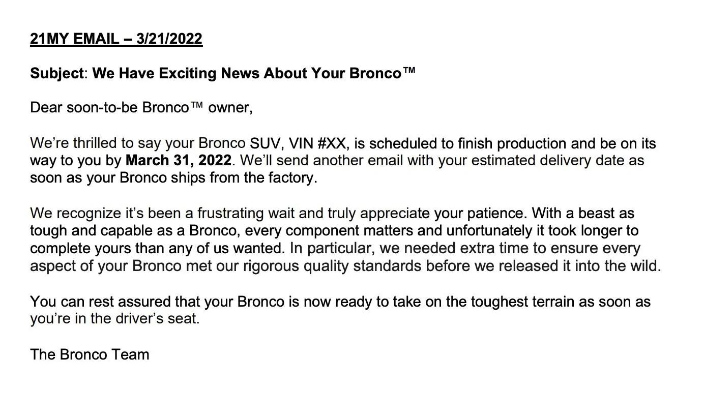 Ford Bronco Ford to email that scheduled 2021 model year units will be ready for shipment by March 31, 2022 Screen Shot 2022-03-22 at 1.27.39 PM