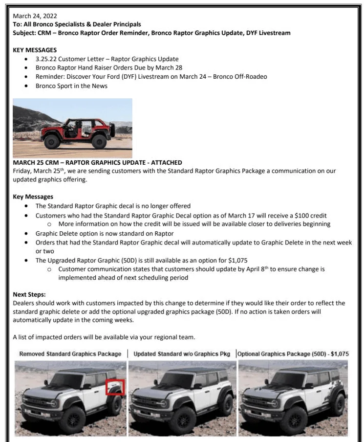 Ford Bronco Ford Communication about Bronco Raptor Graphics, Production Scheduling, Deliveries 1648221047078