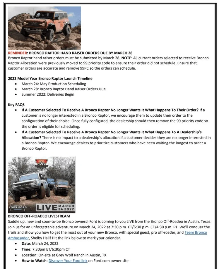 Ford Bronco Ford Communication about Bronco Raptor Graphics, Production Scheduling, Deliveries 1648221178449