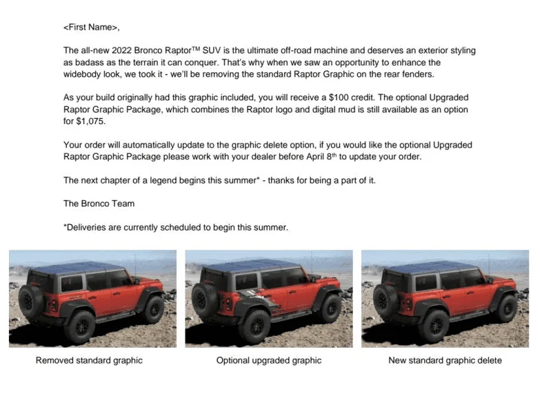 Ford Bronco Ford Communication about Bronco Raptor Graphics, Production Scheduling, Deliveries 1648221255232
