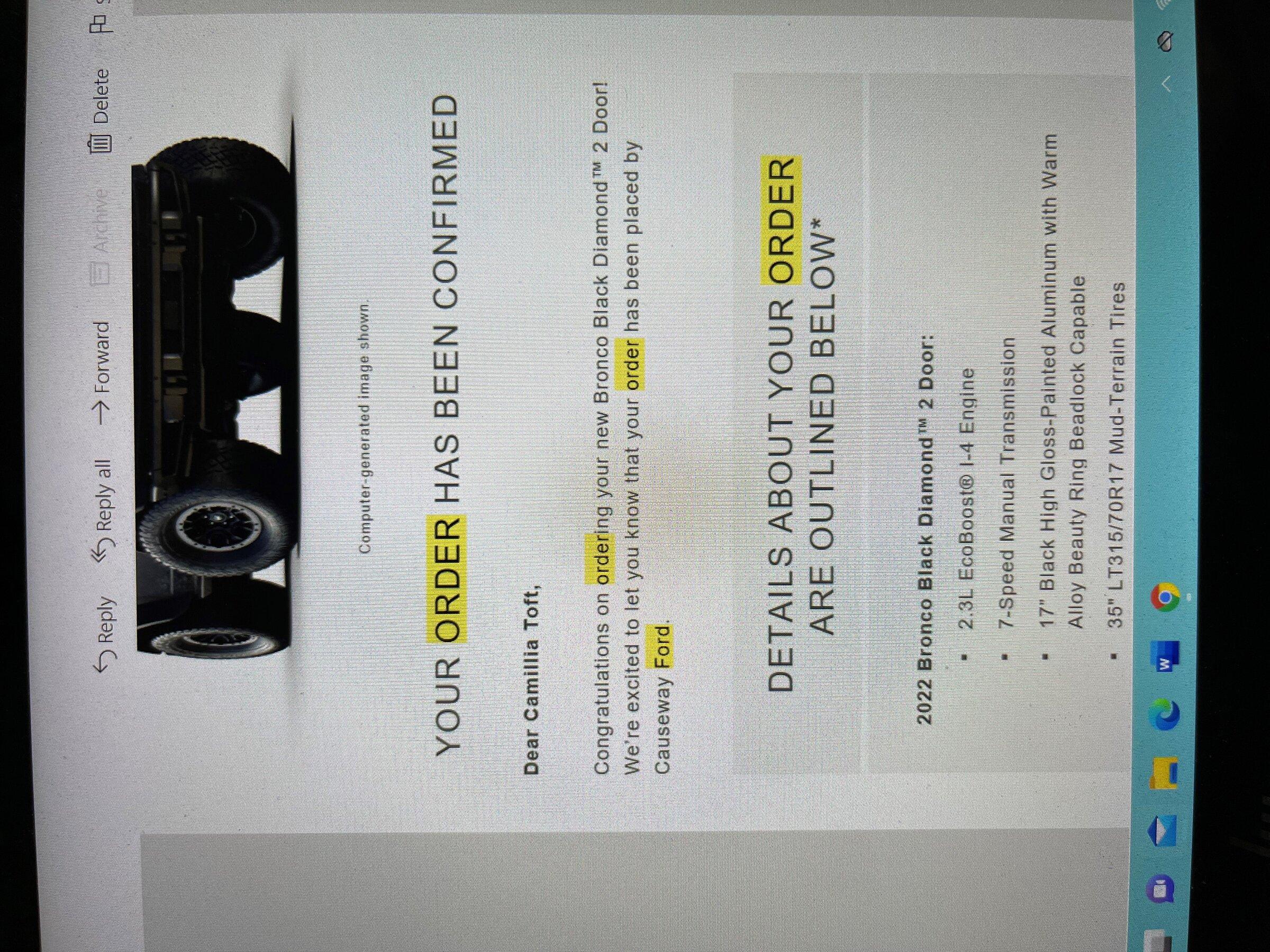 Ford Bronco Black Diamond/Manual w/Sasquatch package Bronco order conf