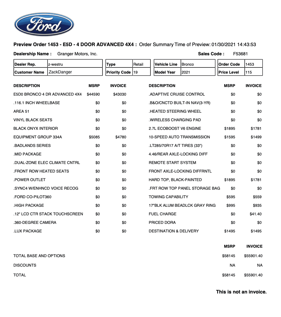 Ford Bronco Losing patience Order Summary Screen Shot Redacted