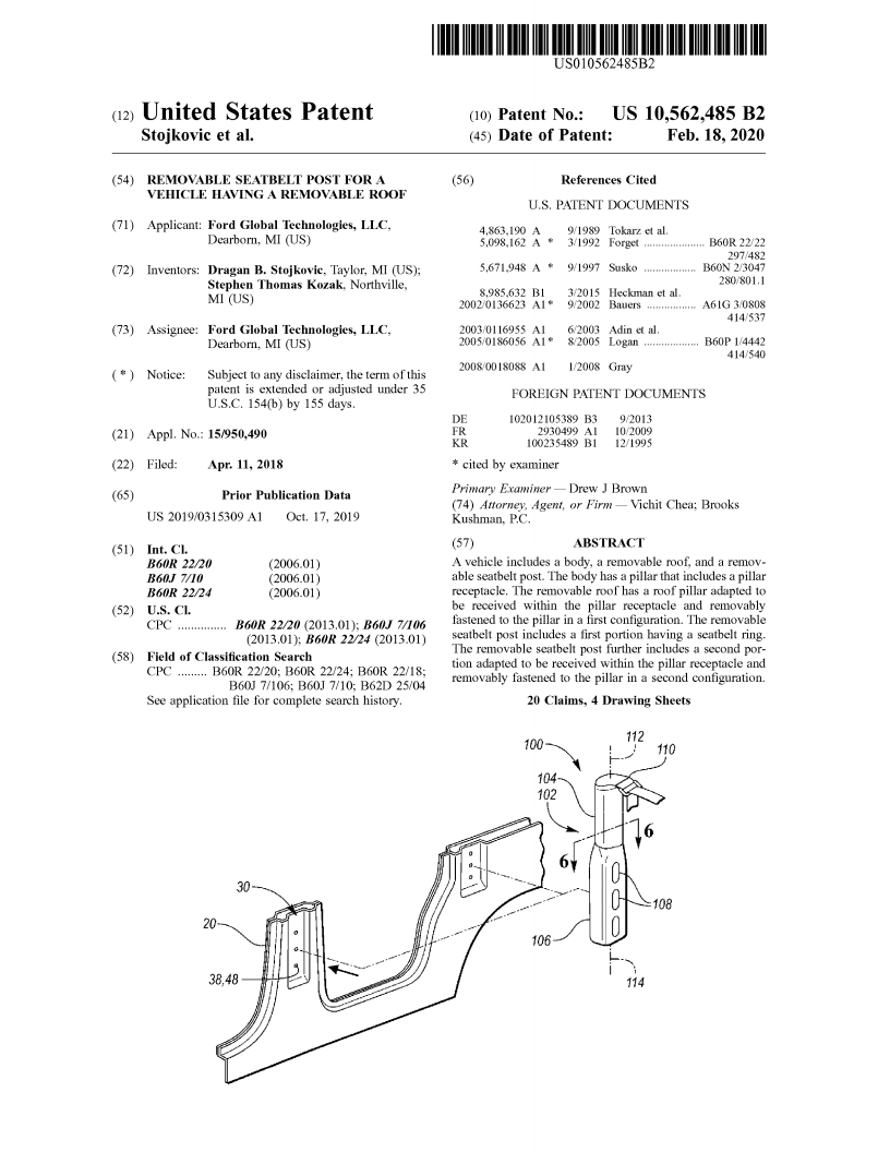 Ford Bronco Patent: Removable Seat Belt Post for a Vehicle Having a Removable Roof bronco-removable-seat-belt-patent-1