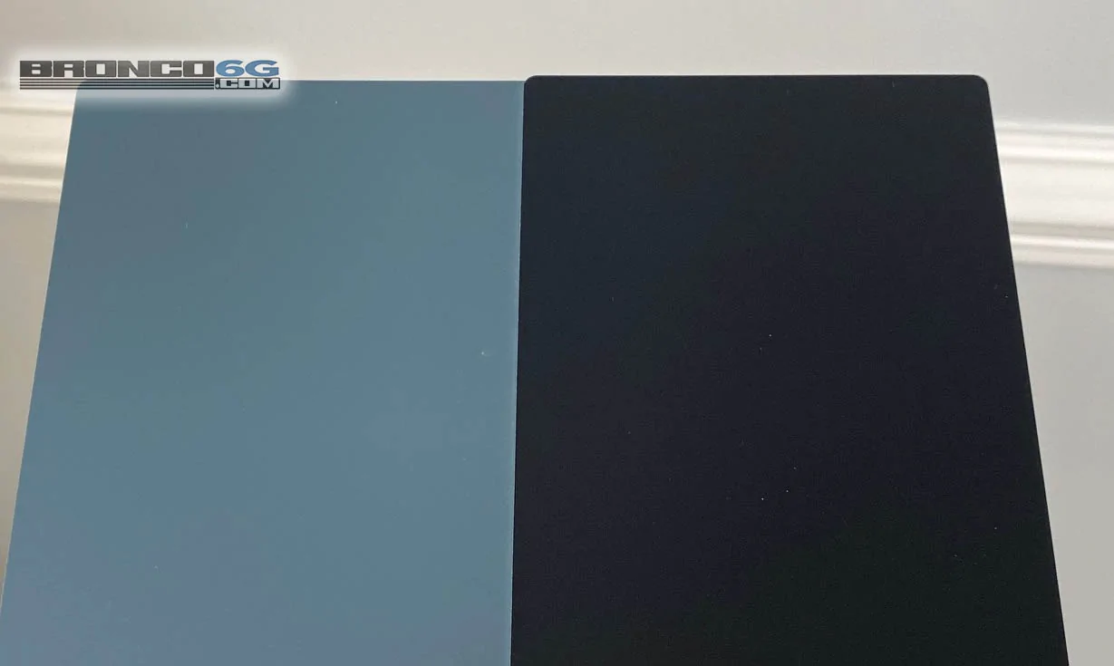 Ford Bronco Painted Physical Color Samples Experiment: Antimatter Blue vs. Area 51 vs. Area 51 vs Cactus Gray (Now Clear Coated) tter-blue-2021-ford-bronco-paint-sample-inside-jpg