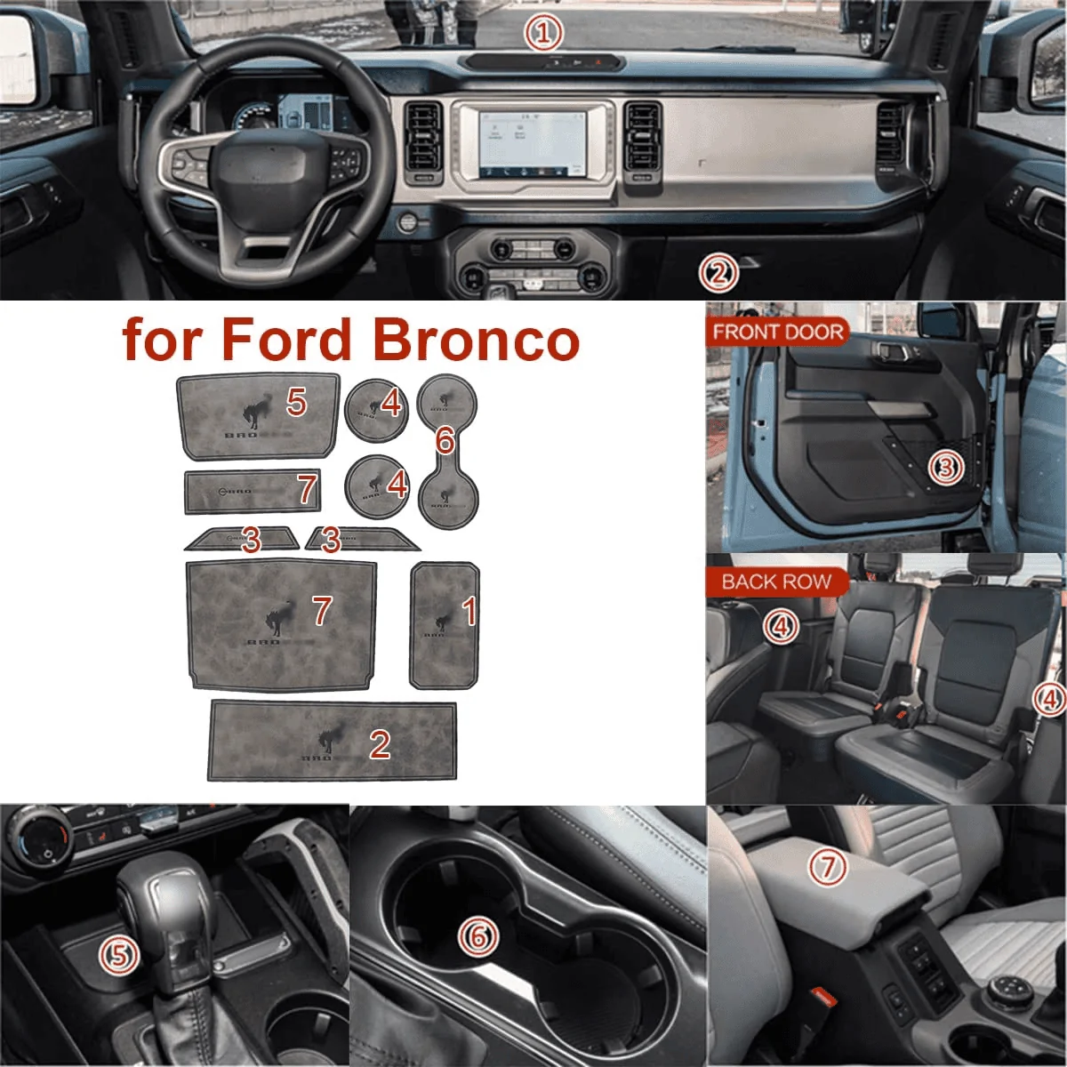 Ford Bronco Insert mats installed for interior, center console, cupholder 1649488004022