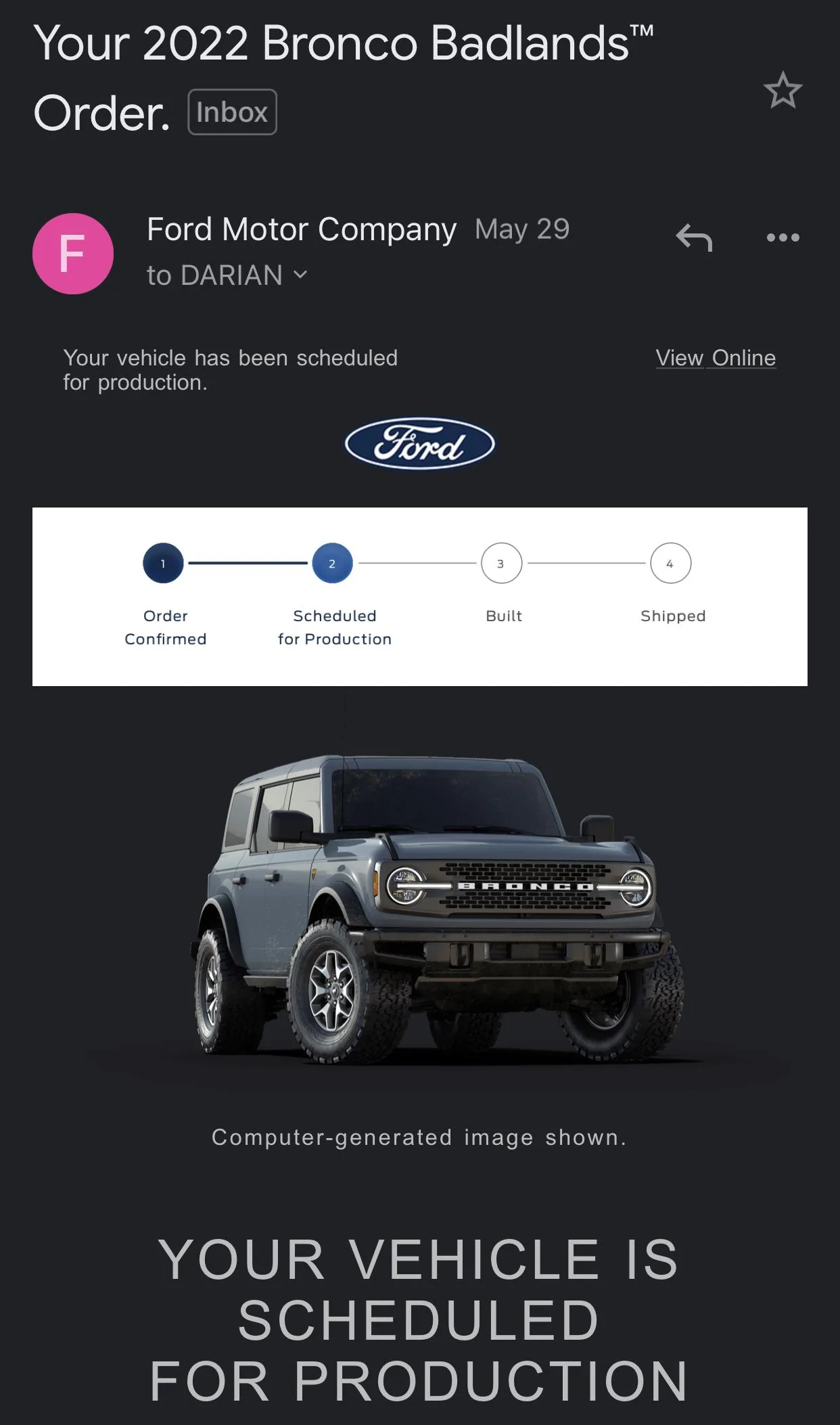 Ford Bronco In production with painted modular top. Need help extending order 18F5670B-20F2-47F6-91C5-BB4936B45B11