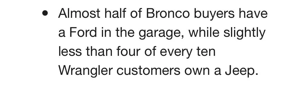 Ford Bronco Bronco vs Wrangler Research Study: conquest, defection, market share and customer profile comparison 3590B158-FA0C-41FC-A0CF-EF7848854721
