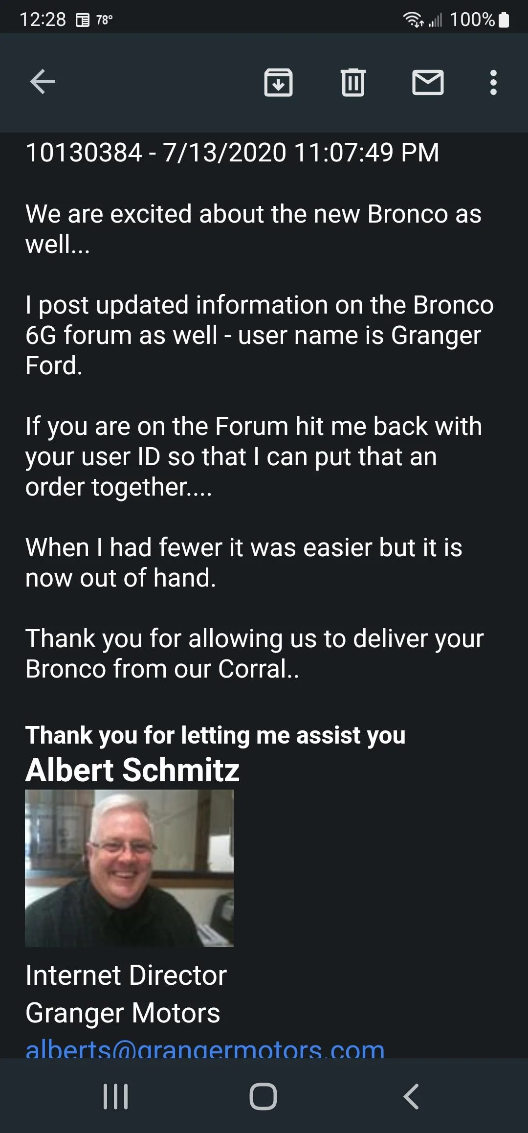 Ford Bronco Remembering a good man, Albert Schmitz. Screenshot_20220607-122823_Gmail