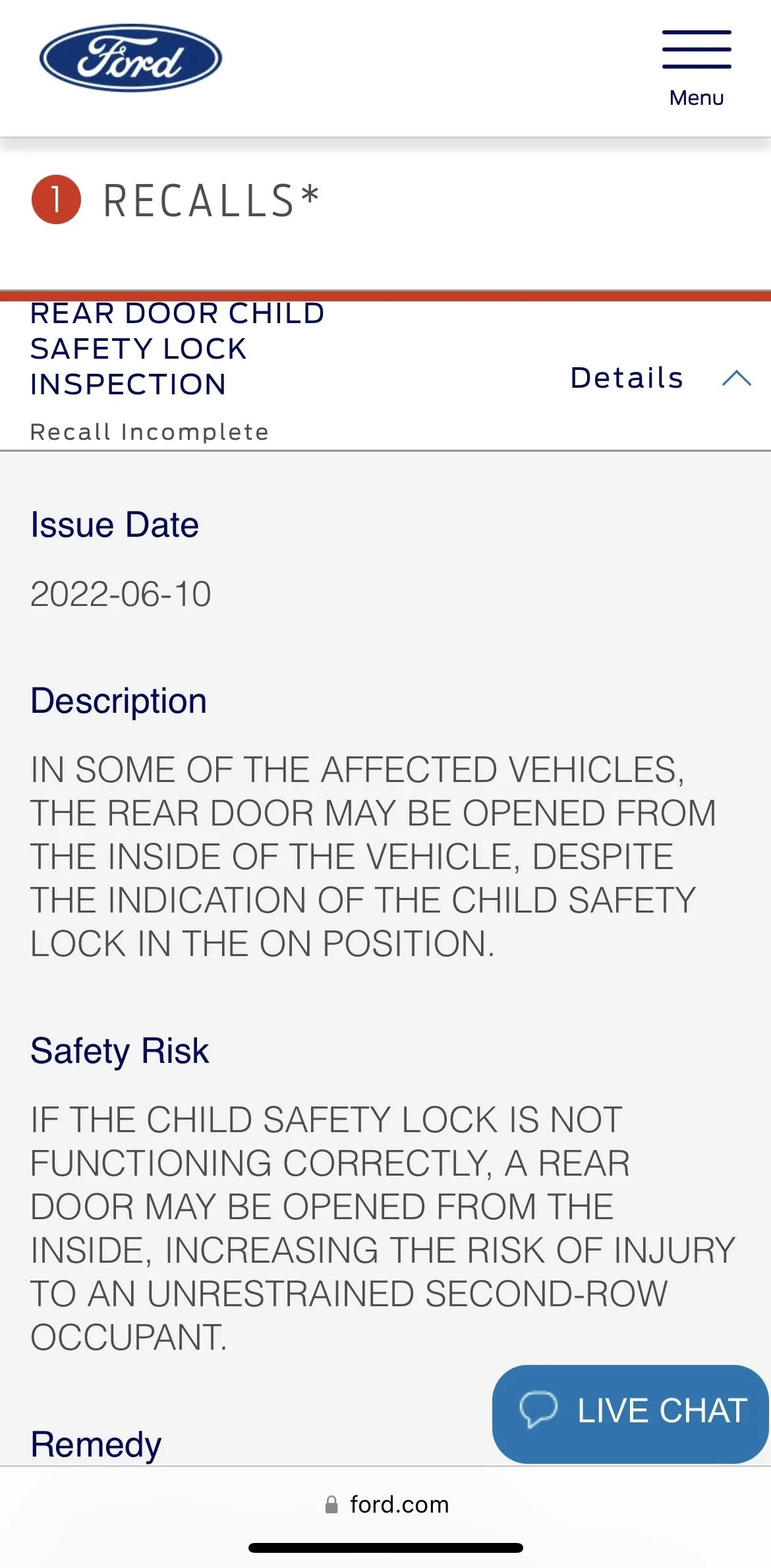 Ford Bronco 2021 Bronco Recall - Campaign/NHTSA# 22S44 / 22V411 (Rear Door Child Safety Lock Inspection/Replacement) 1DCB5AD7-C35E-4DD0-89D4-A1C9A97ABF6E