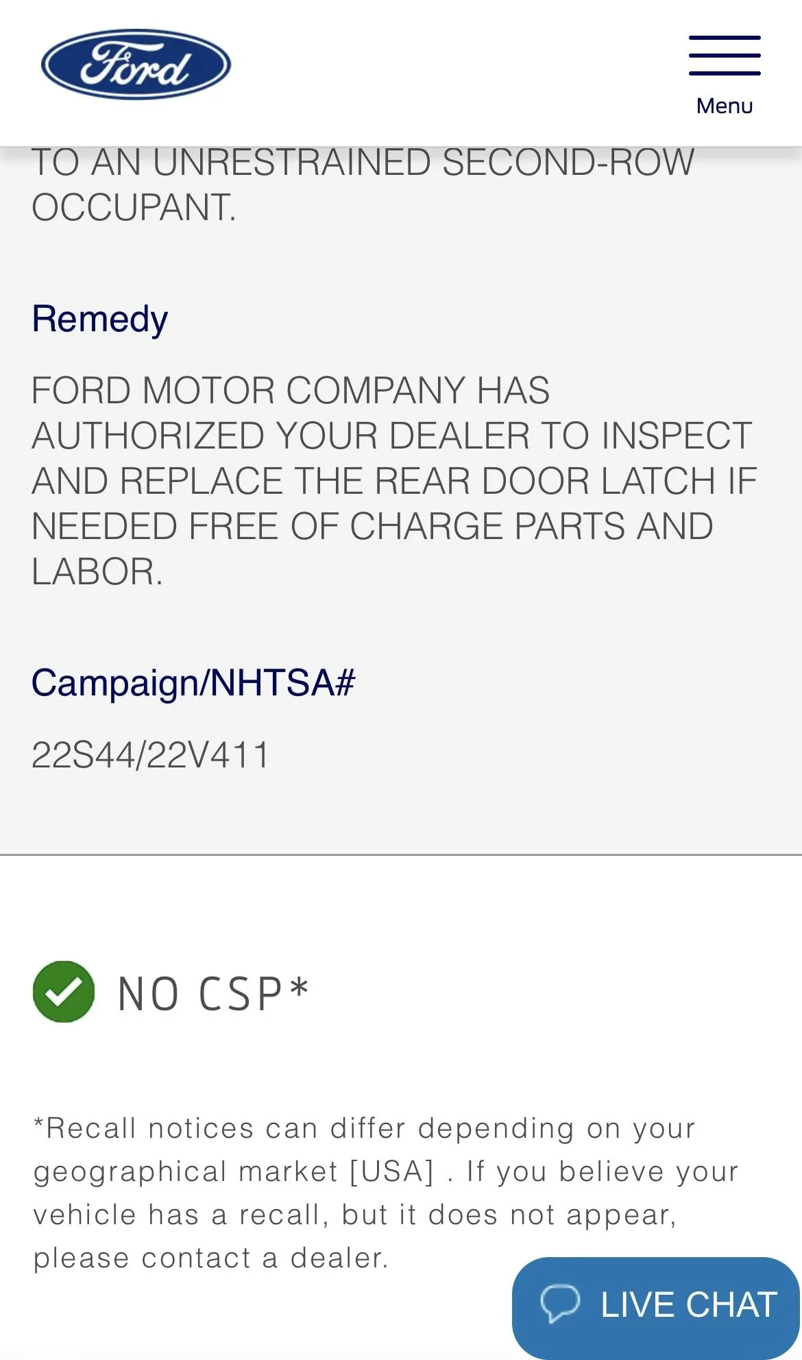 Ford Bronco 2021 Bronco Recall - Campaign/NHTSA# 22S44 / 22V411 (Rear Door Child Safety Lock Inspection/Replacement) E345253D-23FF-4508-B135-D32713D295B7