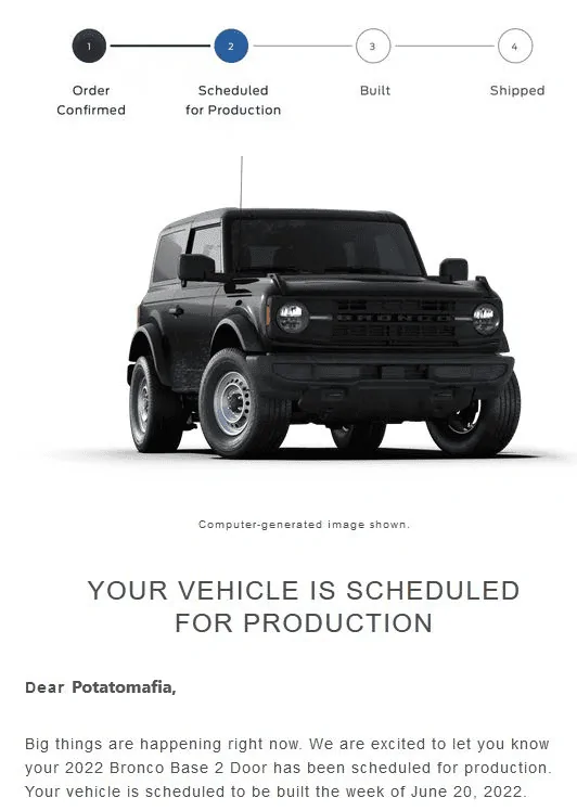 Ford Bronco 6/20/22 Build Week Group Bronco order