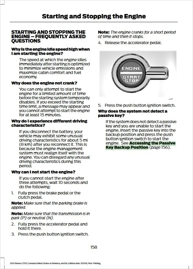 Ford Bronco Key not found error Accessing the PassiveKey Backup Position - Pg 158