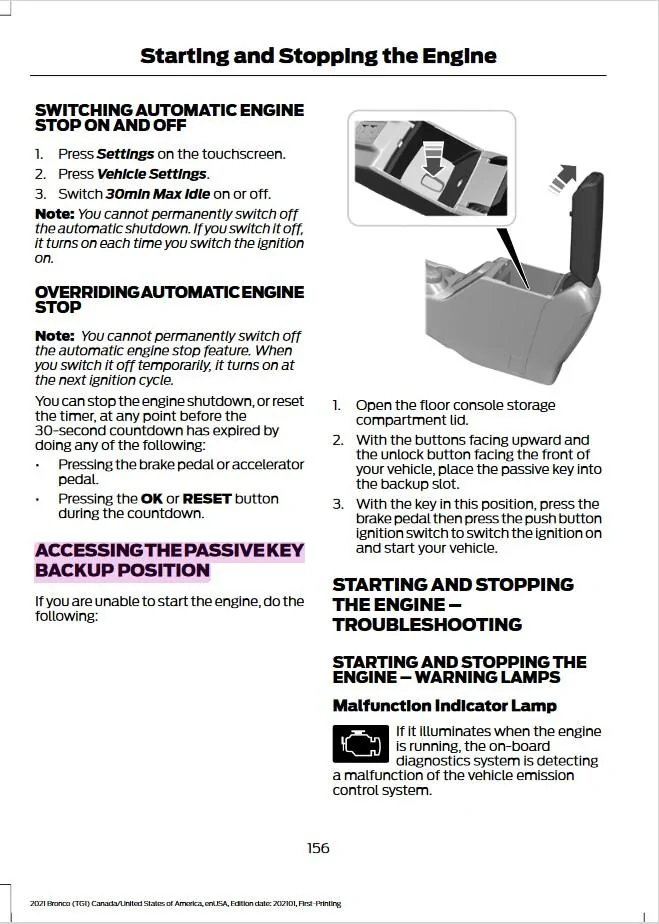 Ford Bronco Key not found error Accessing the PassiveKey Backup Position - Pg 156