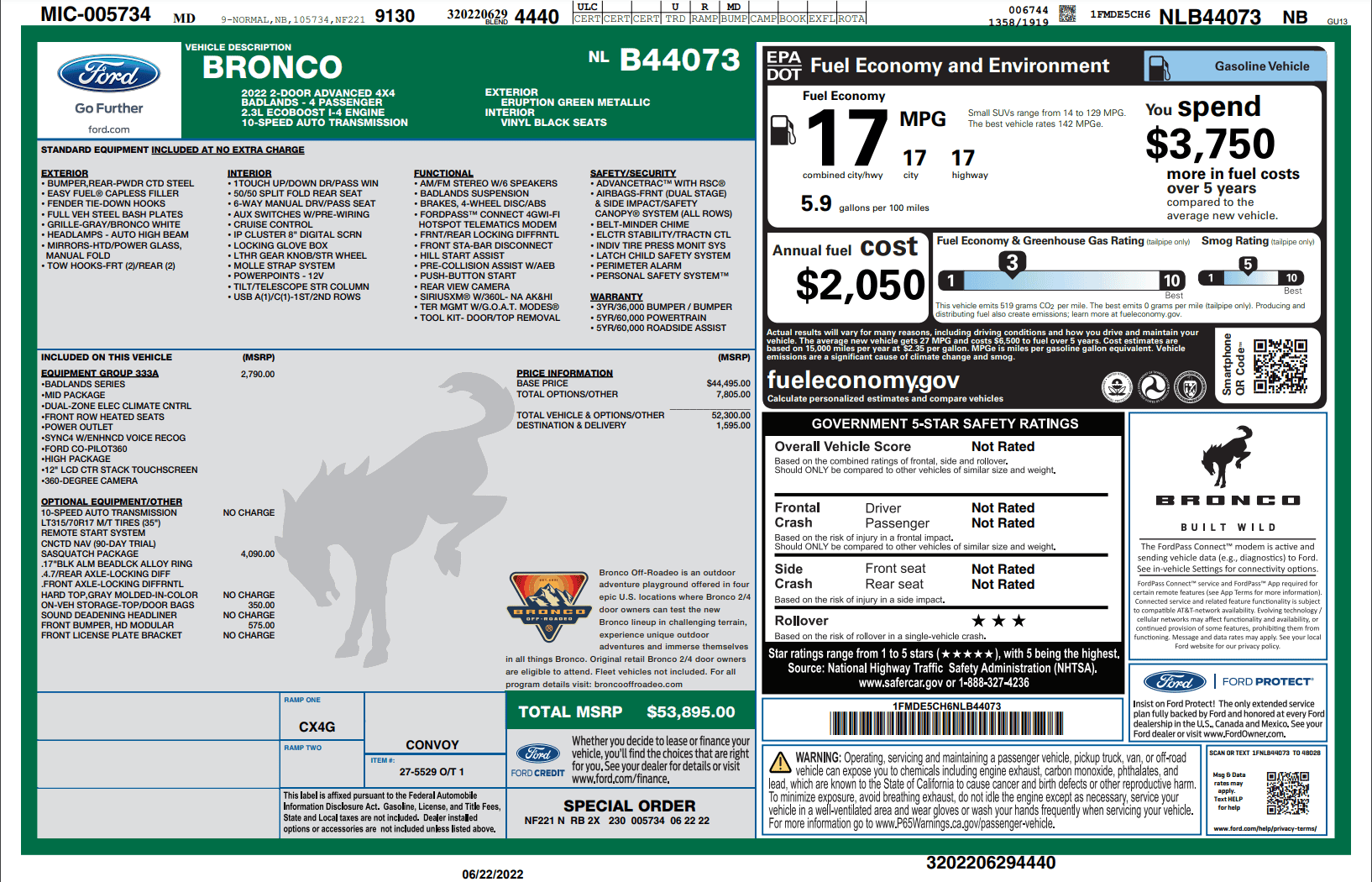 Ford Bronco 06/27/22  Build week group Window Sticker