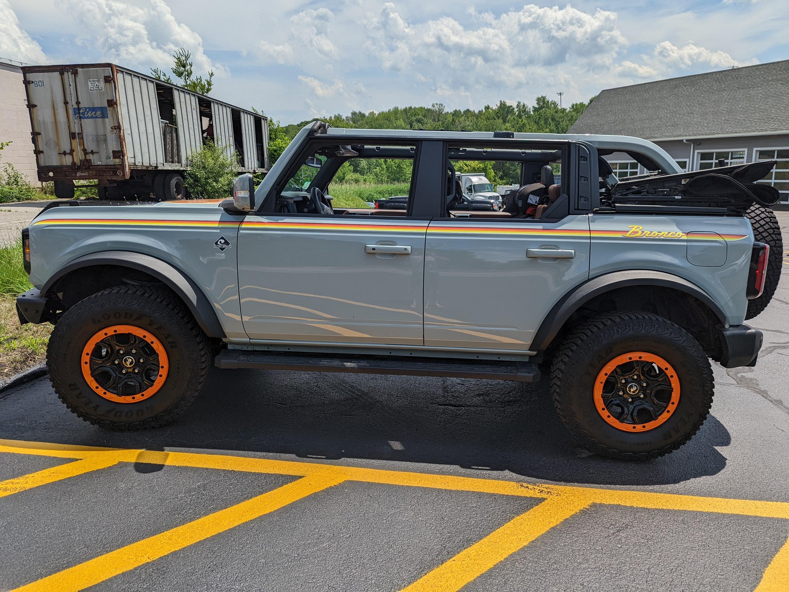 Ford Bronco Mall squatch with retro stripes and orange beauty rings. PXL_20220701_181617757
