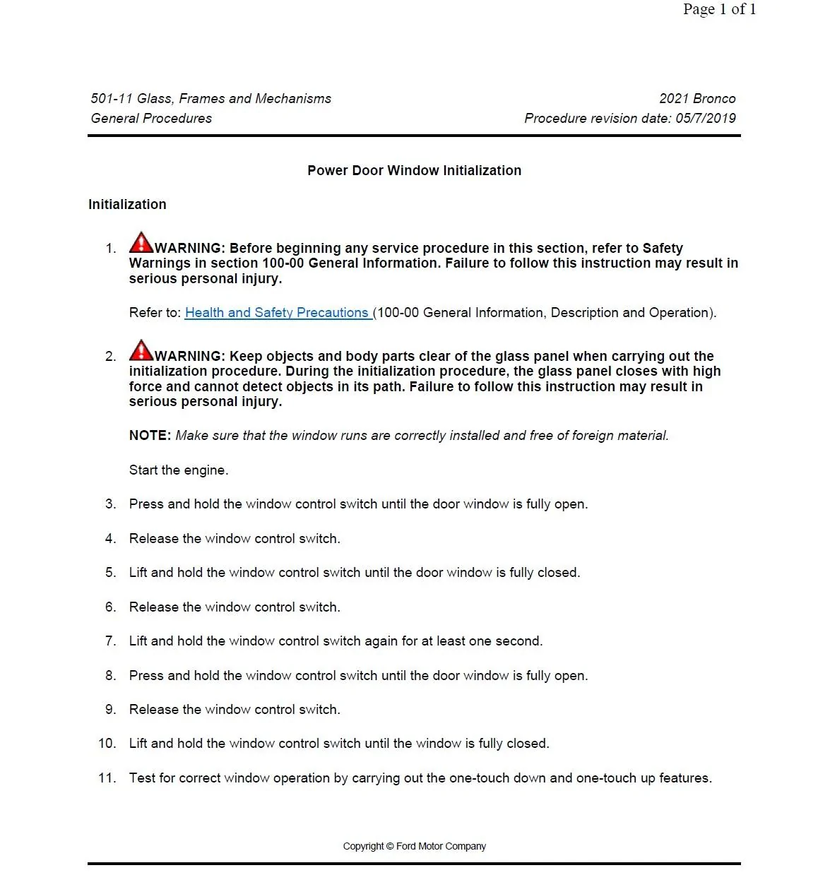 Ford Bronco Driver widow auto-close stalls Power Door Window Initialization