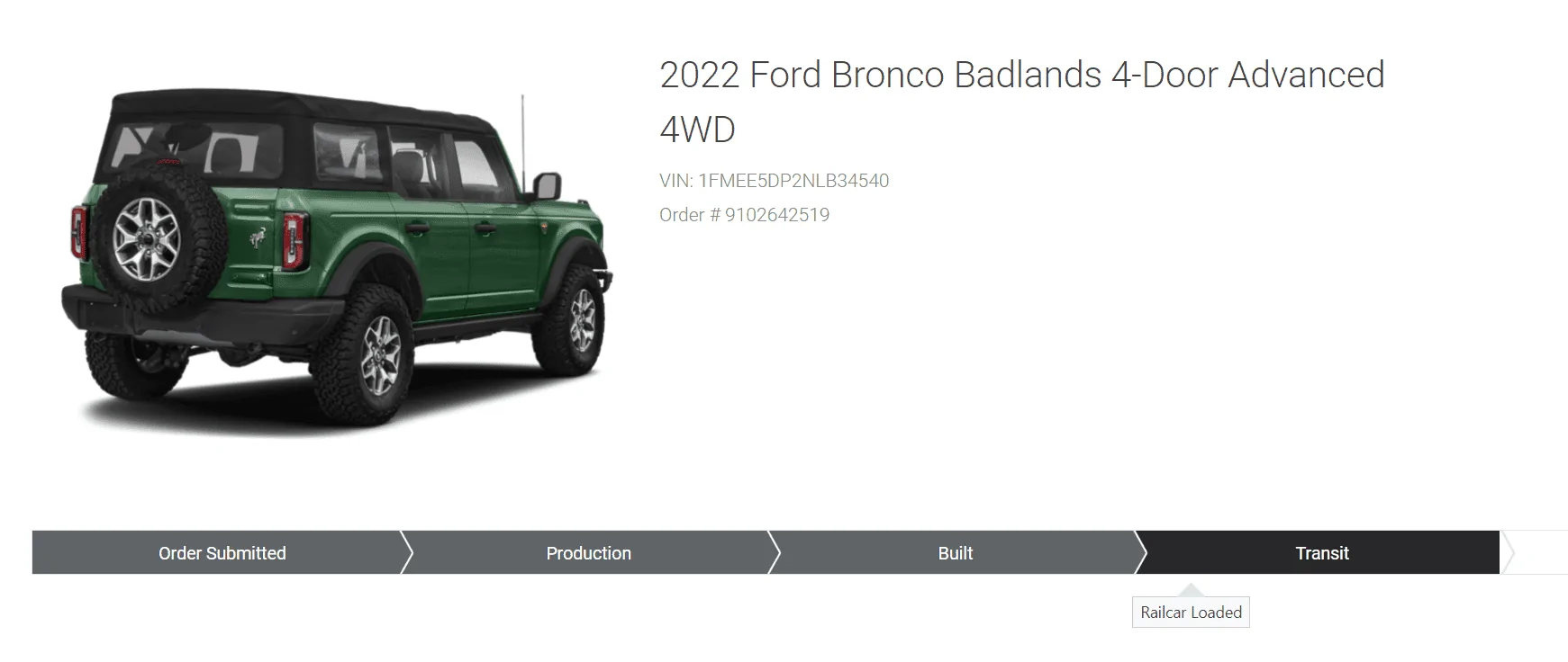 Ford Bronco 5/23 Build Week railcar loaded