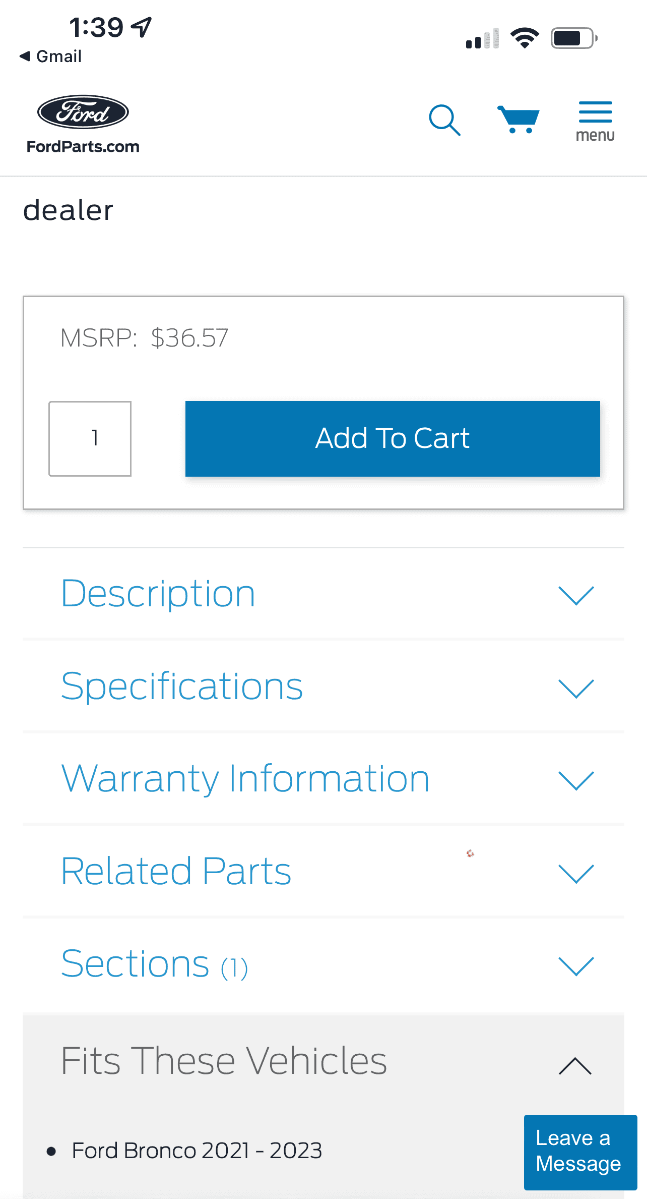 Ford Bronco Part number for tailgate trim 1657478435142