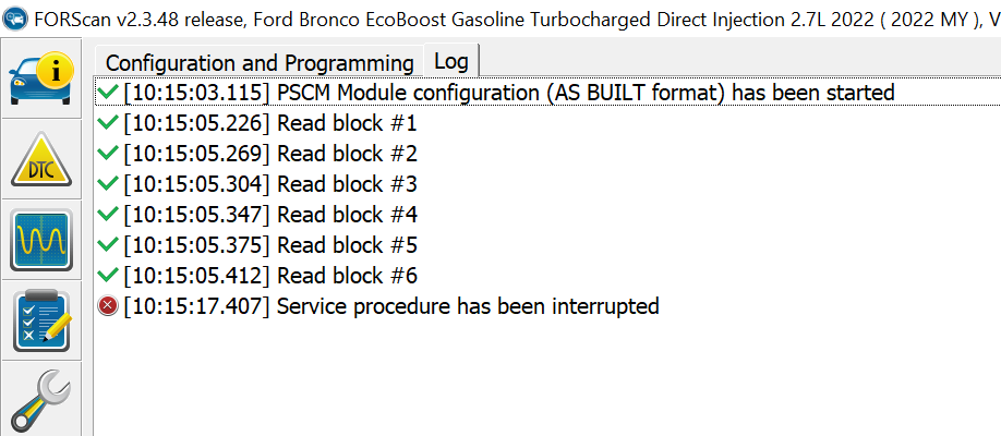 Ford Bronco Cannot write changes using AS BUILT "Service procedure has been interrupted" 4e