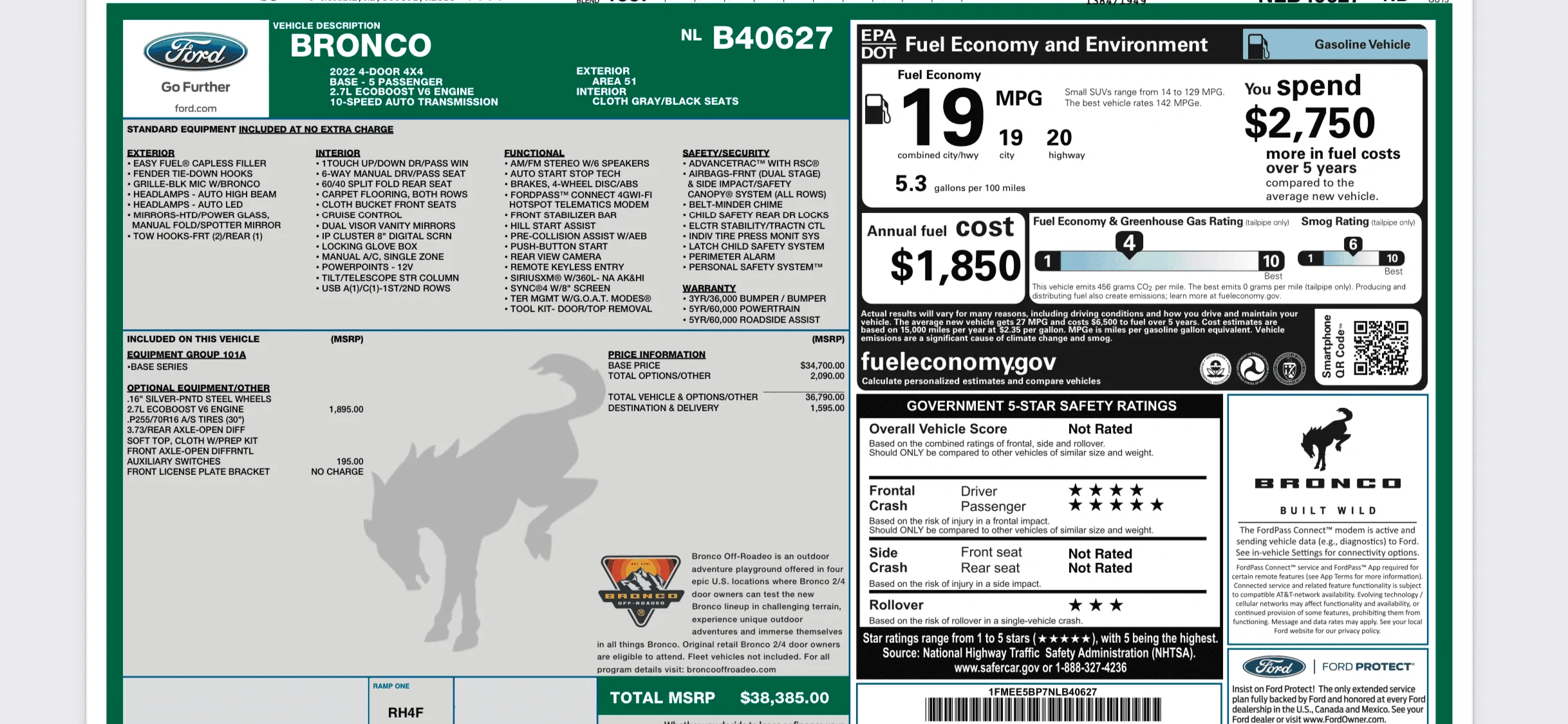 Ford Bronco New 2022 Bronco base 2.7 $47,950 95445355-89F6-41BD-BF70-552AA5C6DA53