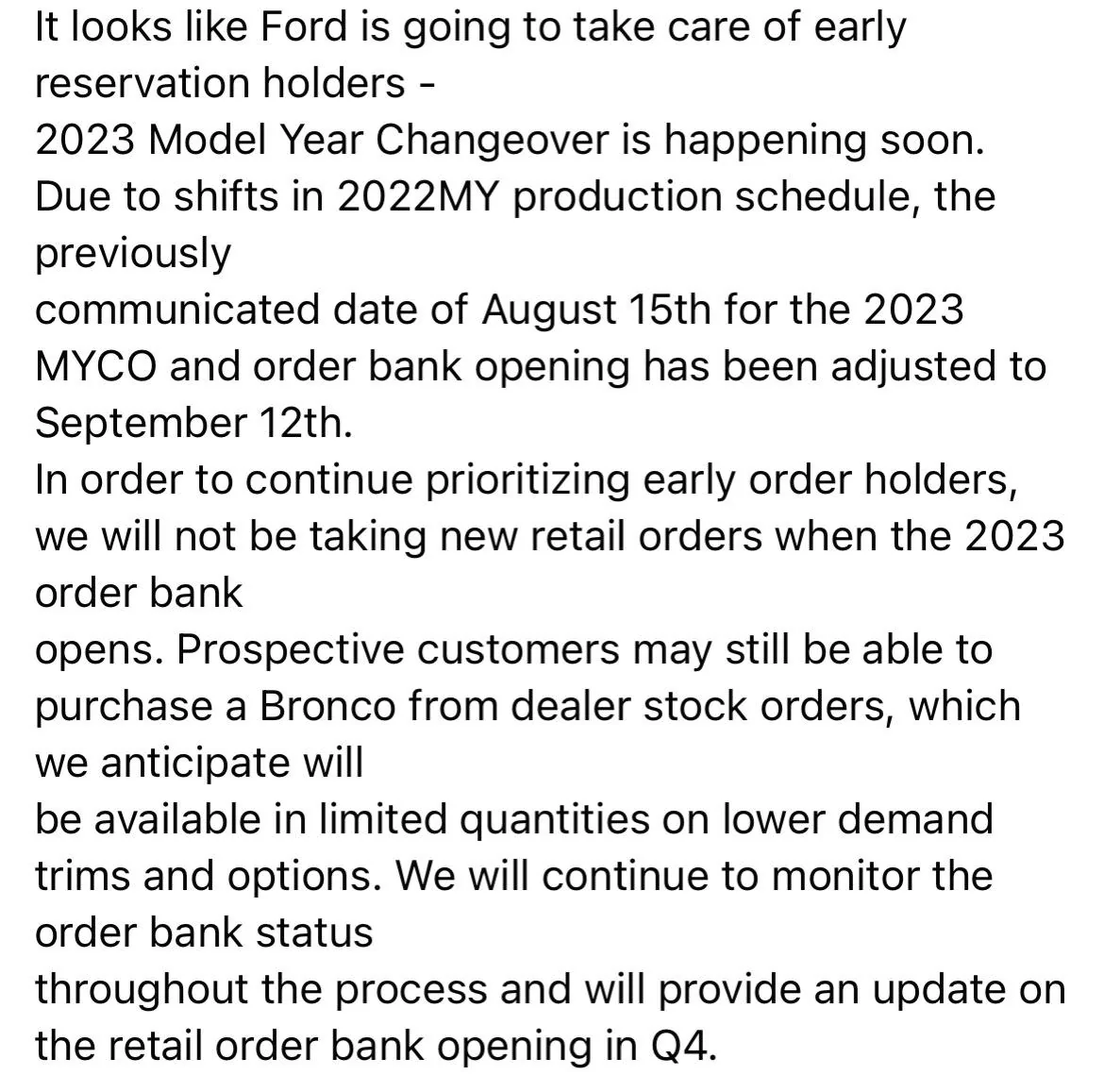 Ford Bronco NO New Bronco Retail Orders When 2023 Order Bank Opens 9/12. Dealer Stock and Converted Previous Orders Only. 74FBF9E6-D596-4417-9BFF-6AC61C2DE59D