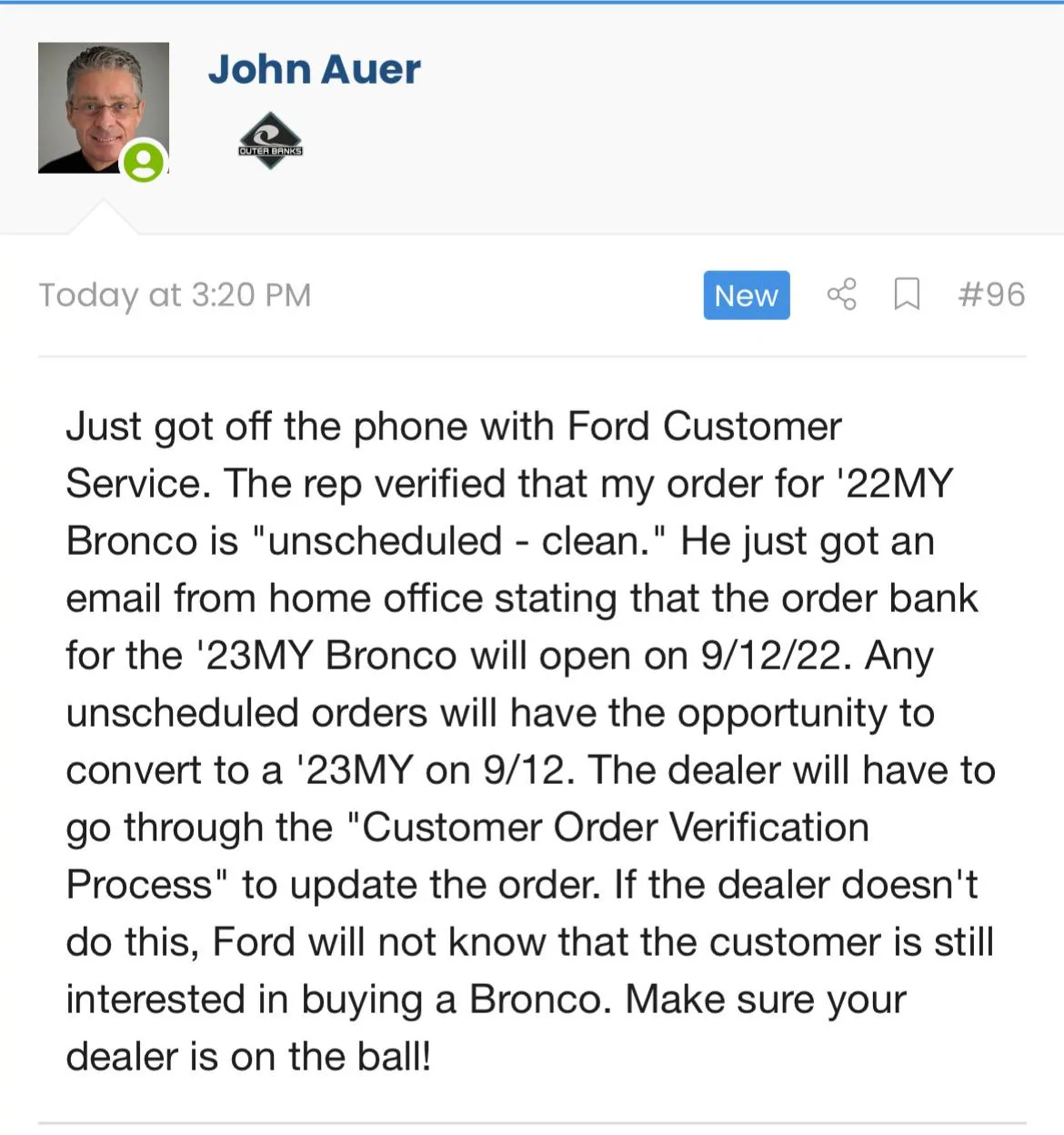 Ford Bronco NO New Bronco Retail Orders When 2023 Order Bank Opens 9/12. Dealer Stock and Converted Previous Orders Only. C8511086-E34E-4B3E-B486-BDCC84FCFD36
